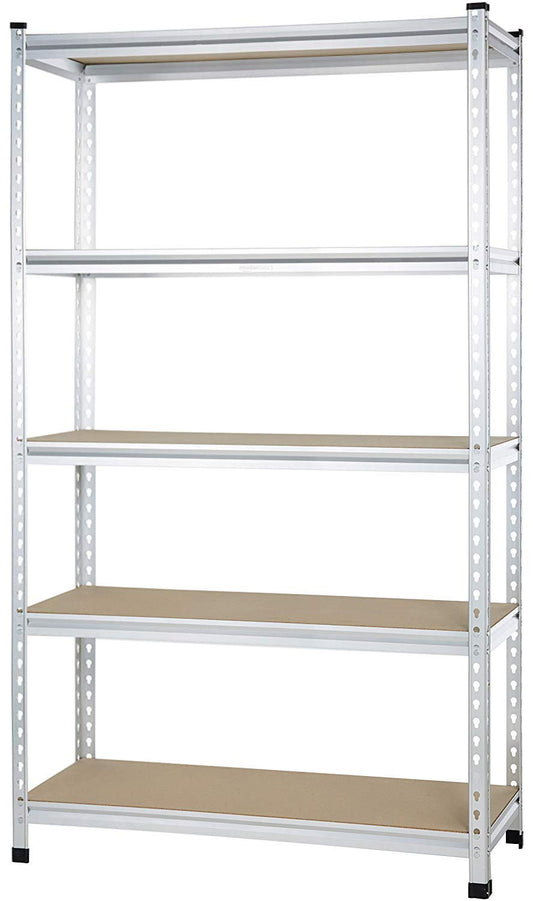Amazon Basics 5-Tier Medium Duty Storage Shelving, Garage Storage Rack, Double Post Press Board Shelf, Adjustable, Easy Assembly, Space-Saving, Aluminum, 48" x 18" x 72"