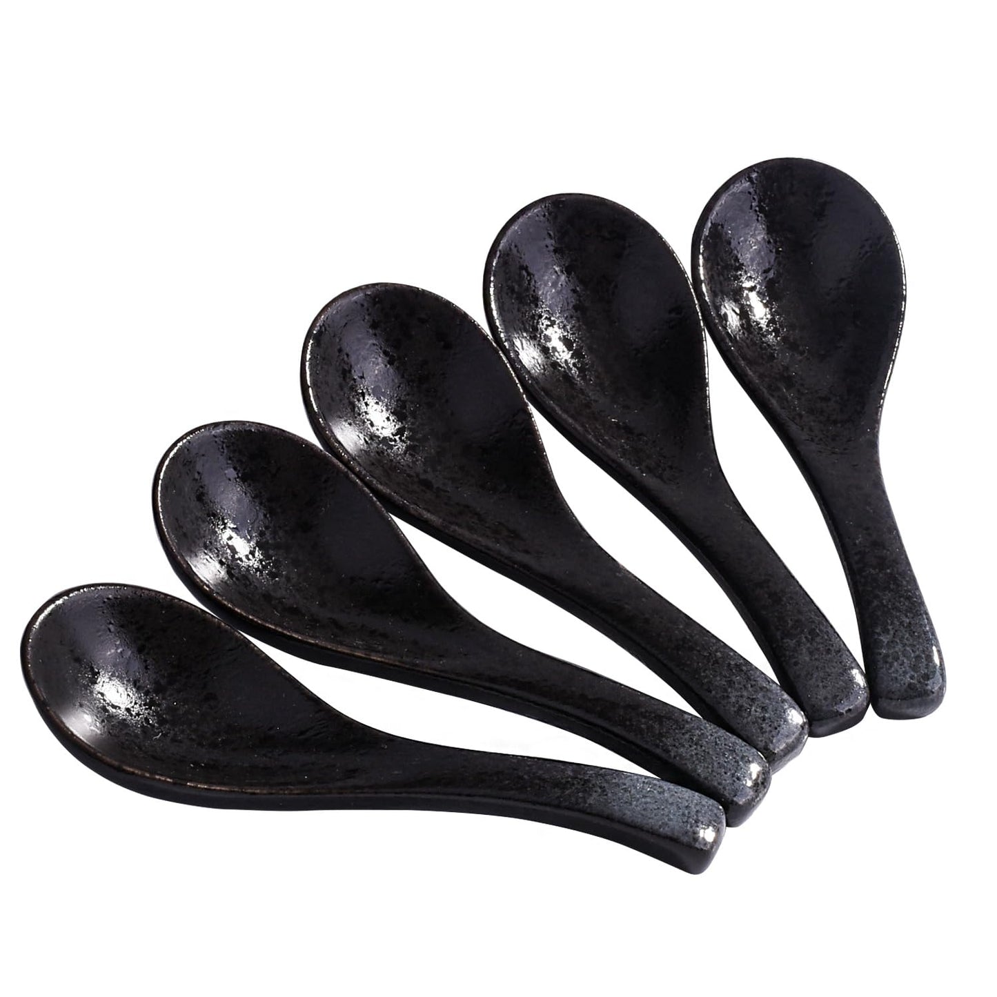 Whitenesser 5-Piece Japanese Ceramic Soup Spoon Set, Premium Reactive Glaze Ramen Spoons, 5.3" Elegant Black Spoons for Miso, Wonton, Rice, Pho, Dishwasher Safe