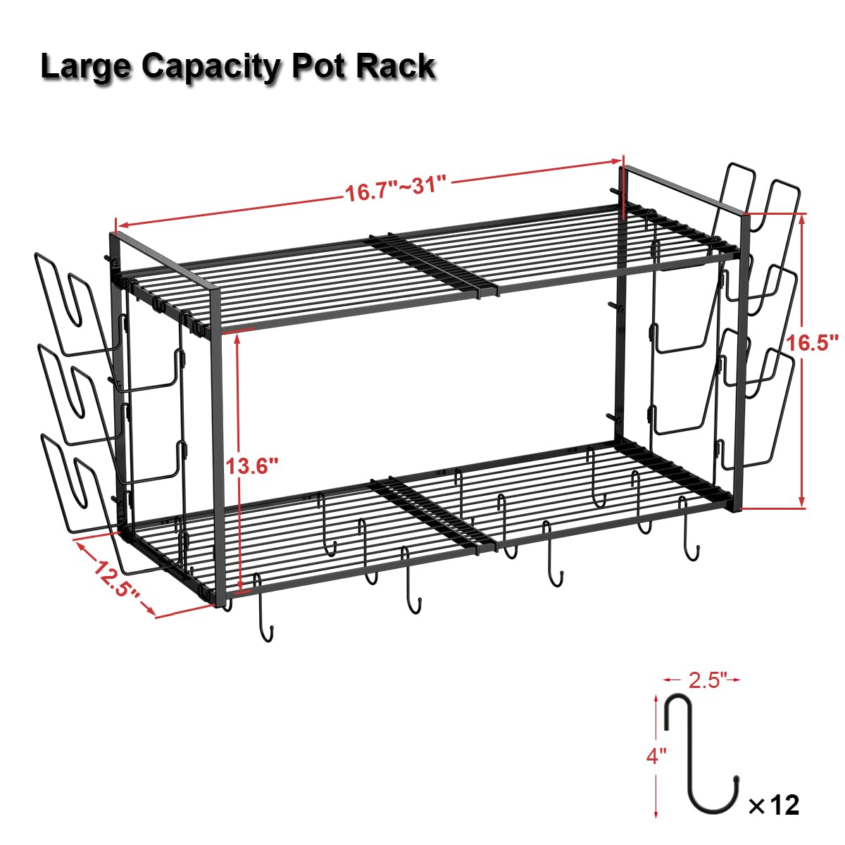 Homics 31 Inch Pot Rack Wall Mounted, 2-Tier Hanging Pots and Pans Organizer Expandable Heavy Duty Kitchen Shelves with 6 Pot Lid Holders and 12 Hooks for Kitchen Cookware Utensils Storage