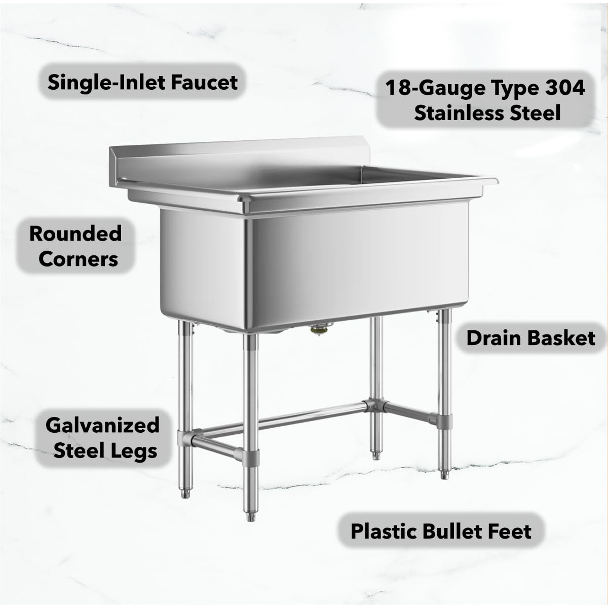 32" x 16" Stainless Steel Utility Sink with 6" Backsplash – 16-Gauge 304 Freestanding Commercial Prep & Wash Sink for Single-Inlet Faucet in Utility Rooms, Cafes, Bars, Foodservice Kitchens