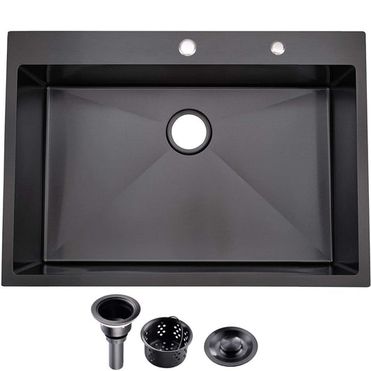 33″x22″x9″ Drop In Kitchen Sink Black, Top mount SUS304 Stainless Steel Gunmetal Black Sink 18 Gauge Single Bowl, Handmade Commercial Modern Workstation Prep Kitchen Sinks