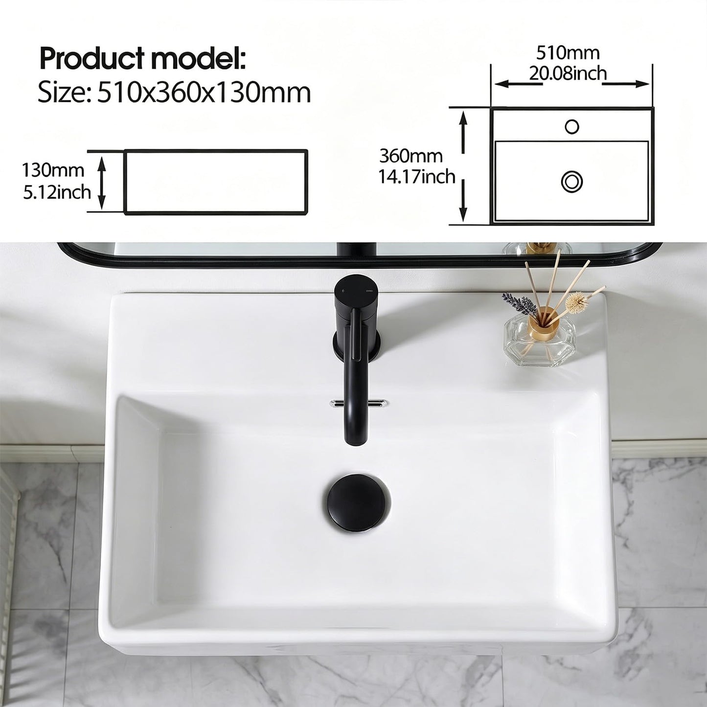 20 x 14 Inch Wall Mounted Bathroom Sink, NOHALIPY Modern White Rectangular Porcelain Floating Vessel Sink with Overflow, Corner Mount Ceramic Bathroom Sink for RV, Restroom and Toilet, Easy to Install