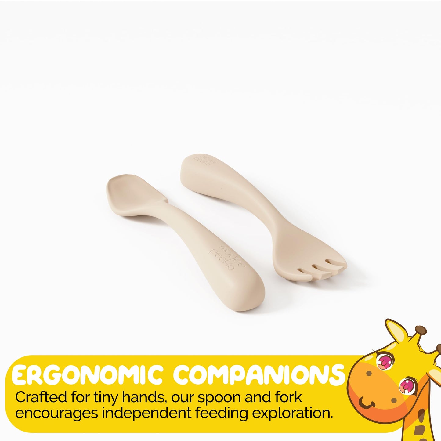 Muqee Peeko Silicone Baby Feeding Set with suction bowls for baby baby utensils 6-12 months in Beige color - (3 Piece Set) made with Baby Safe Silicone bowls for baby