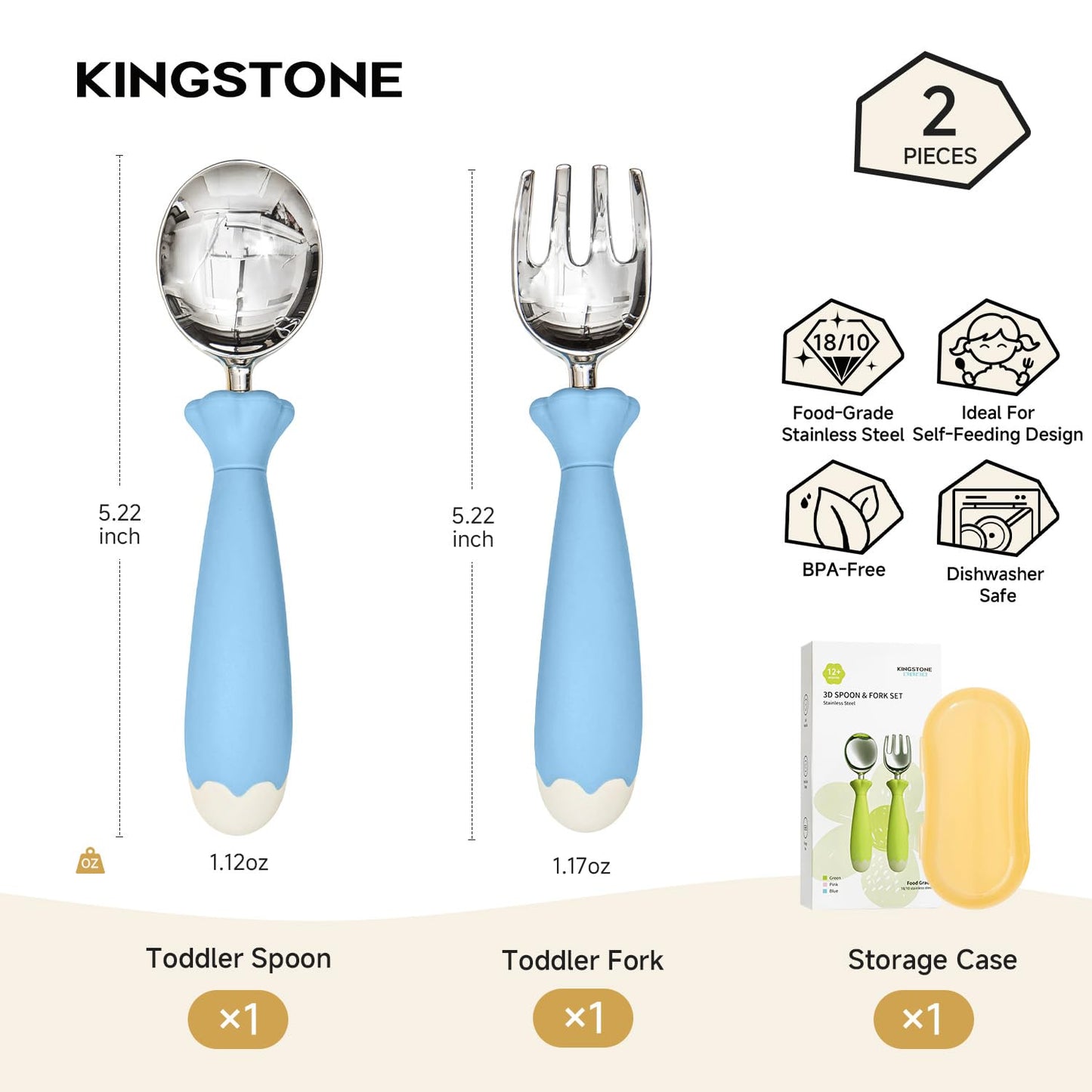 KINGSTONE Toddler Utensils with Case, Kids Silverware Set with Silicone Handles, 18/10 Stainless Steel Children Safe Forks and Spoons, Travel Carrying Cases BPA Free, Dishwasher Safe (blue)