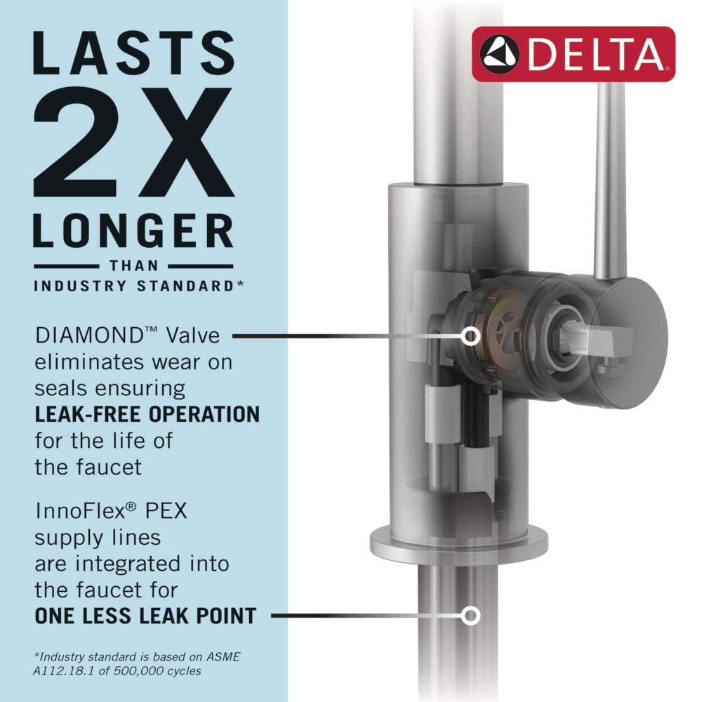 Delta Kate Brushed Nickel Kitchen Faucet with Pull Down Sprayer and Soap Disperser, Modern Two Hole Kitchen Sink Faucet, Single Handle, Stainless 16970-SSSD-DST