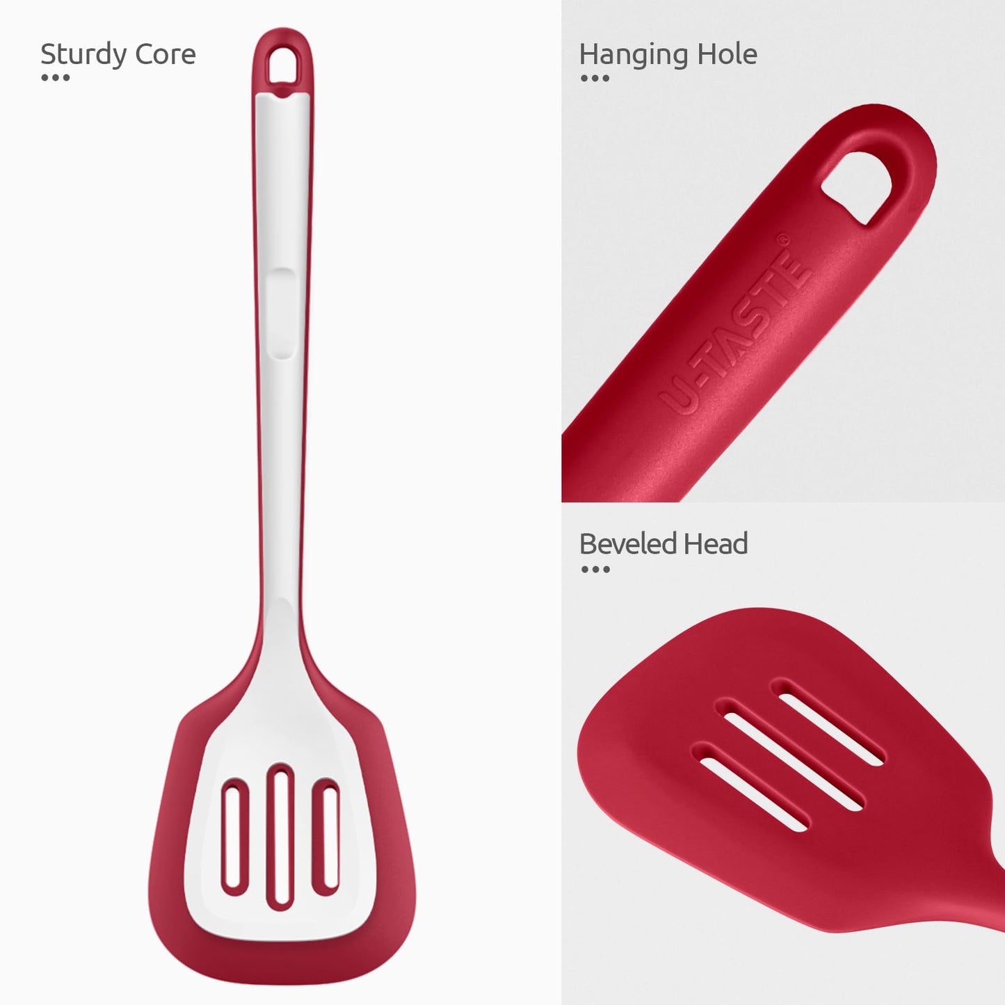 600ºF Heat Resistant Slotted Turner: U-Taste 13.6in Silicone Kitchen Spatula Flipper, 3.74in Wide Food Grade Flexible Thin Rubber Cooking Utensil for Egg, Pancake, Cookie in Nonstick Cookware (Red)