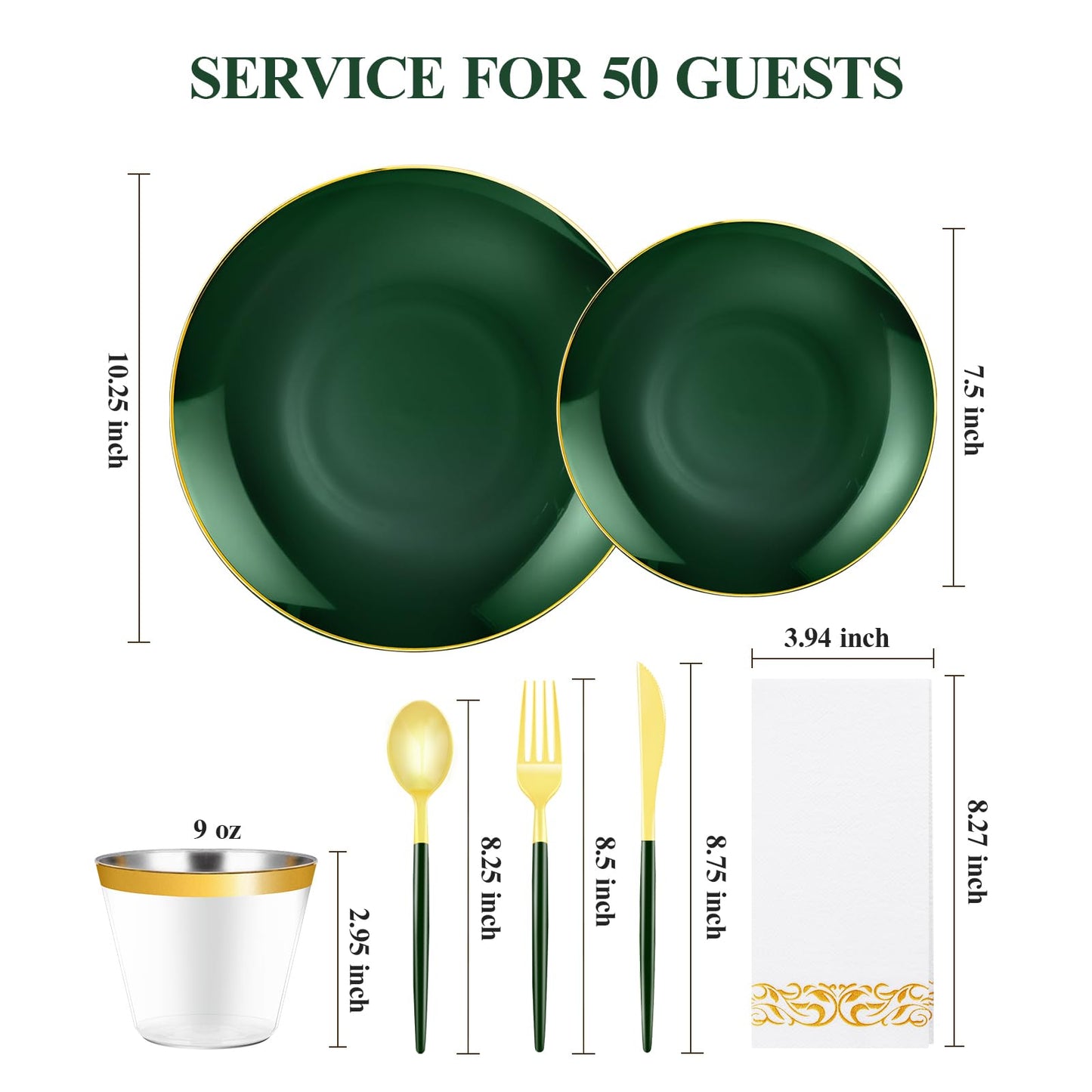 350 Pieces Green Gold Plastic Dinnerware Set, Gold Disposable Plates for Party, Include 100 Green Plates with 150 Plastic Cutlery, 50 Napkins and 50 Cups