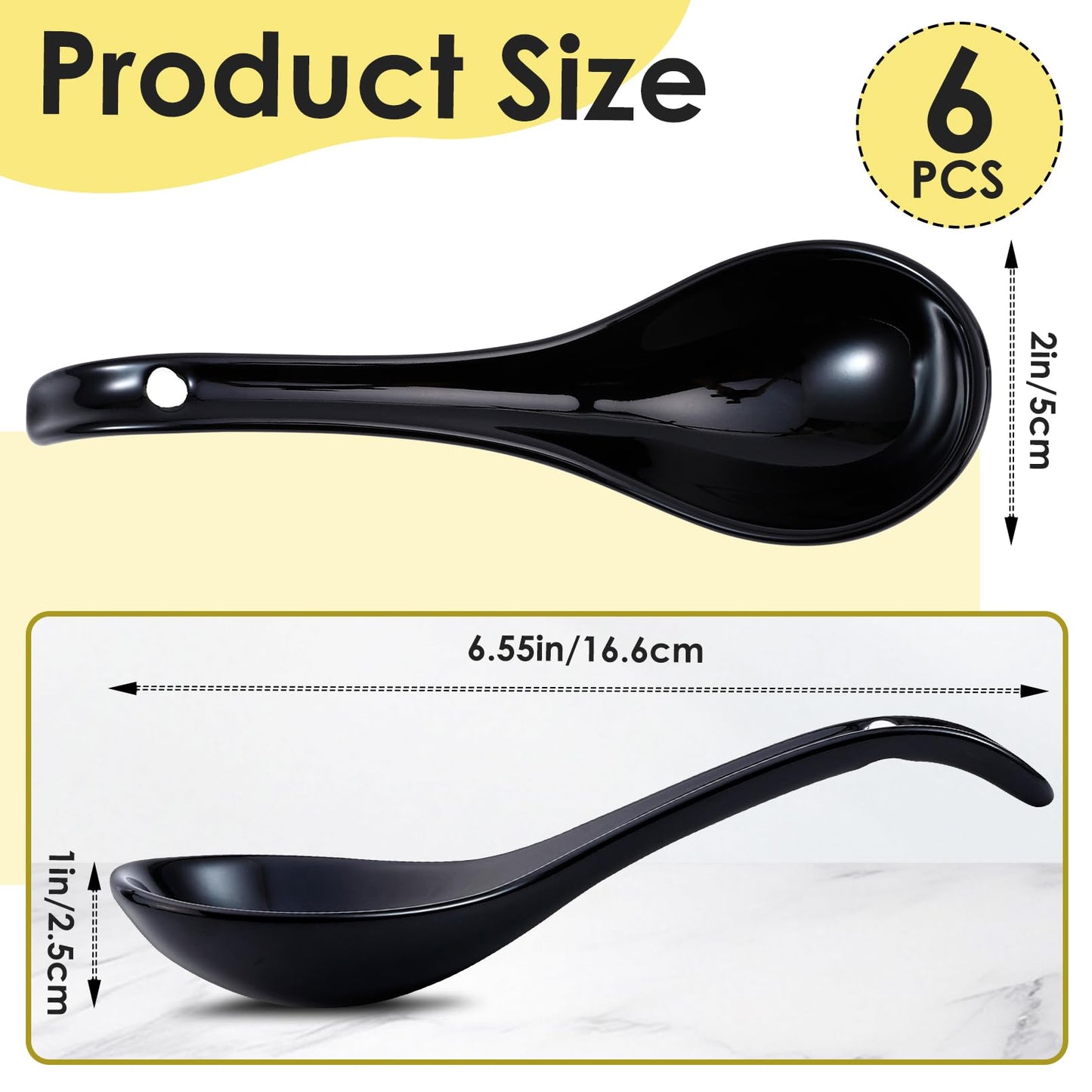 PUREZON 6 PCS Asian Soup Spoons, 6.55 inch Black Kitchen Spoons, Ceramic Deep Oval Hook Design, Chinese Ramen Spoon for Dumpling, Noodles, Miso