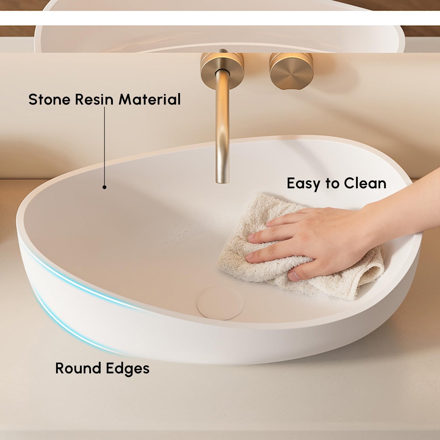 Weibath Oval Vessel Sink, Stone Resin Bathroom Sink in Matte White with Pop-Up Drain, Modern Countertop Sink 22.44"