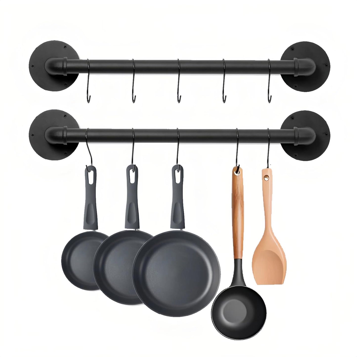 Boshangjia 16 inch Pot Rack Wall Mounted Set of 2, Pan Hangers for Kitchen, Iron Detachable Storage Organizer, Industrial Pipe Lids Holder Utensils Hanging Rail with 8 S Hooks