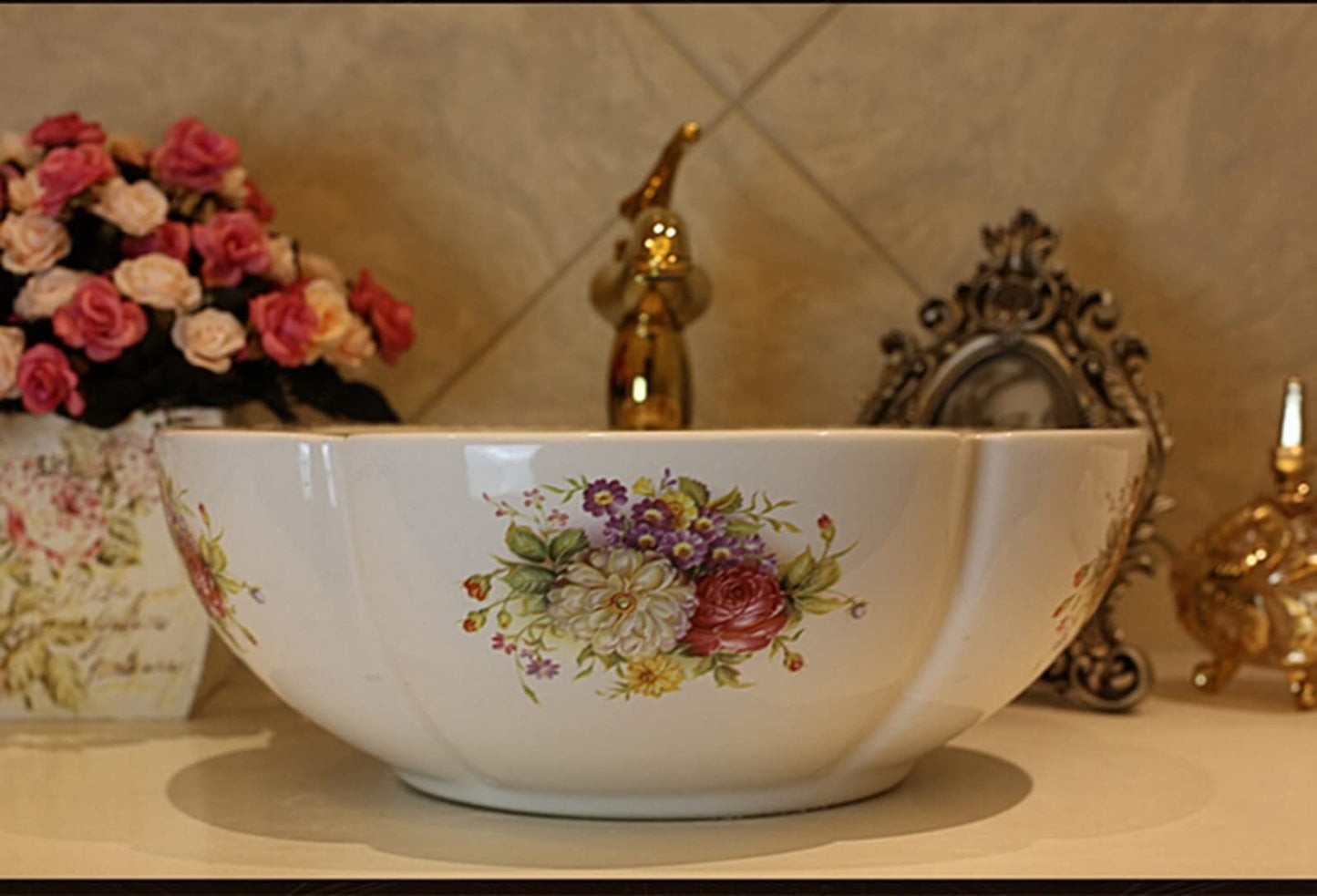White Ceramic Bathroom Vessel Sinks with American Style Peony Flower Pattern Washing Sink for Vanity Top Bowl