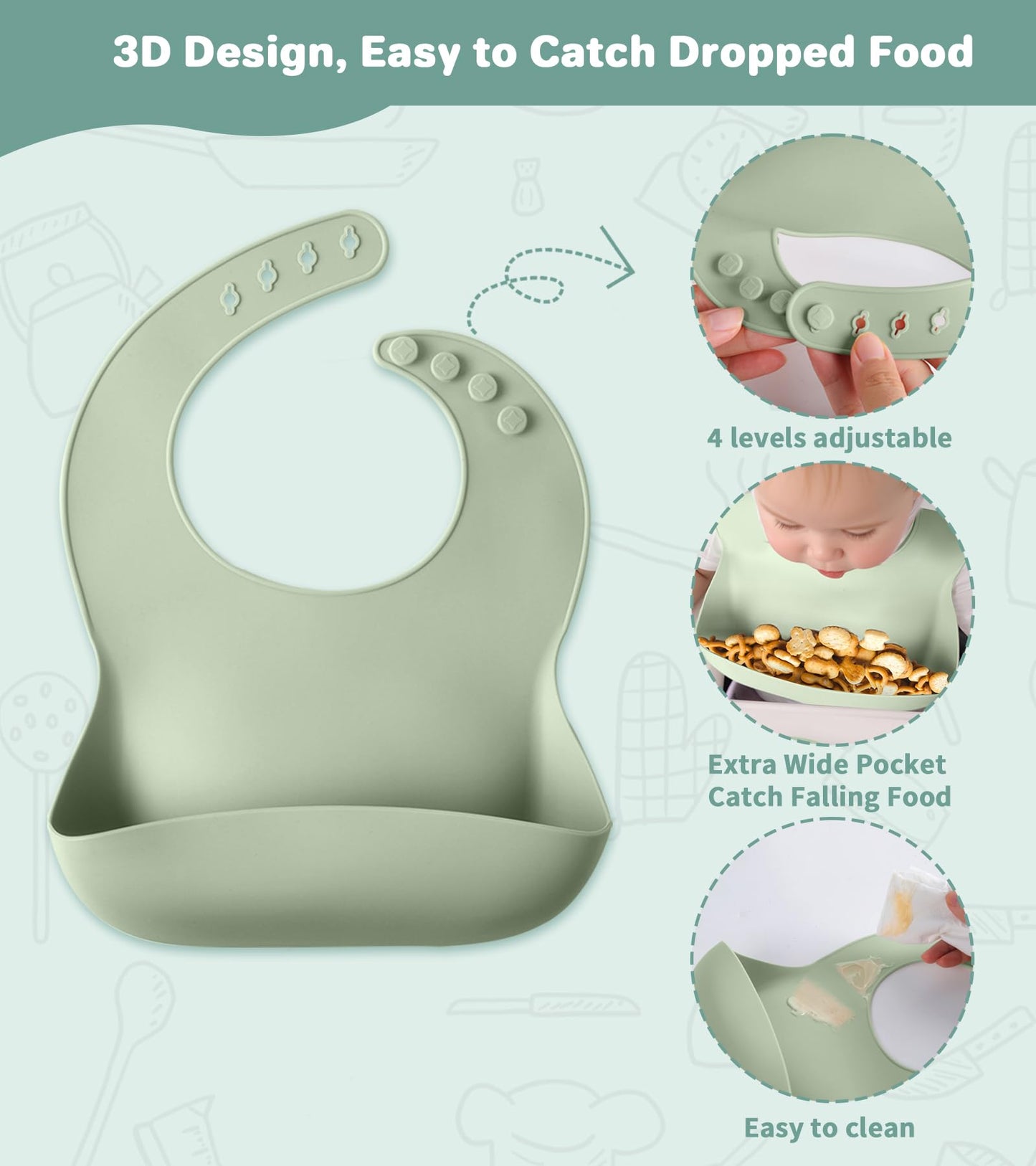 Silicone Baby Feeding Set, 10 Pcs Baby Led Weaning Supplies Baby Eating Essentials Set with Suction Bowl Divided Plate Adjustable Bib Soft Spoon Fork Cup with Lid Drinking Cup, Travel Bag (Green)