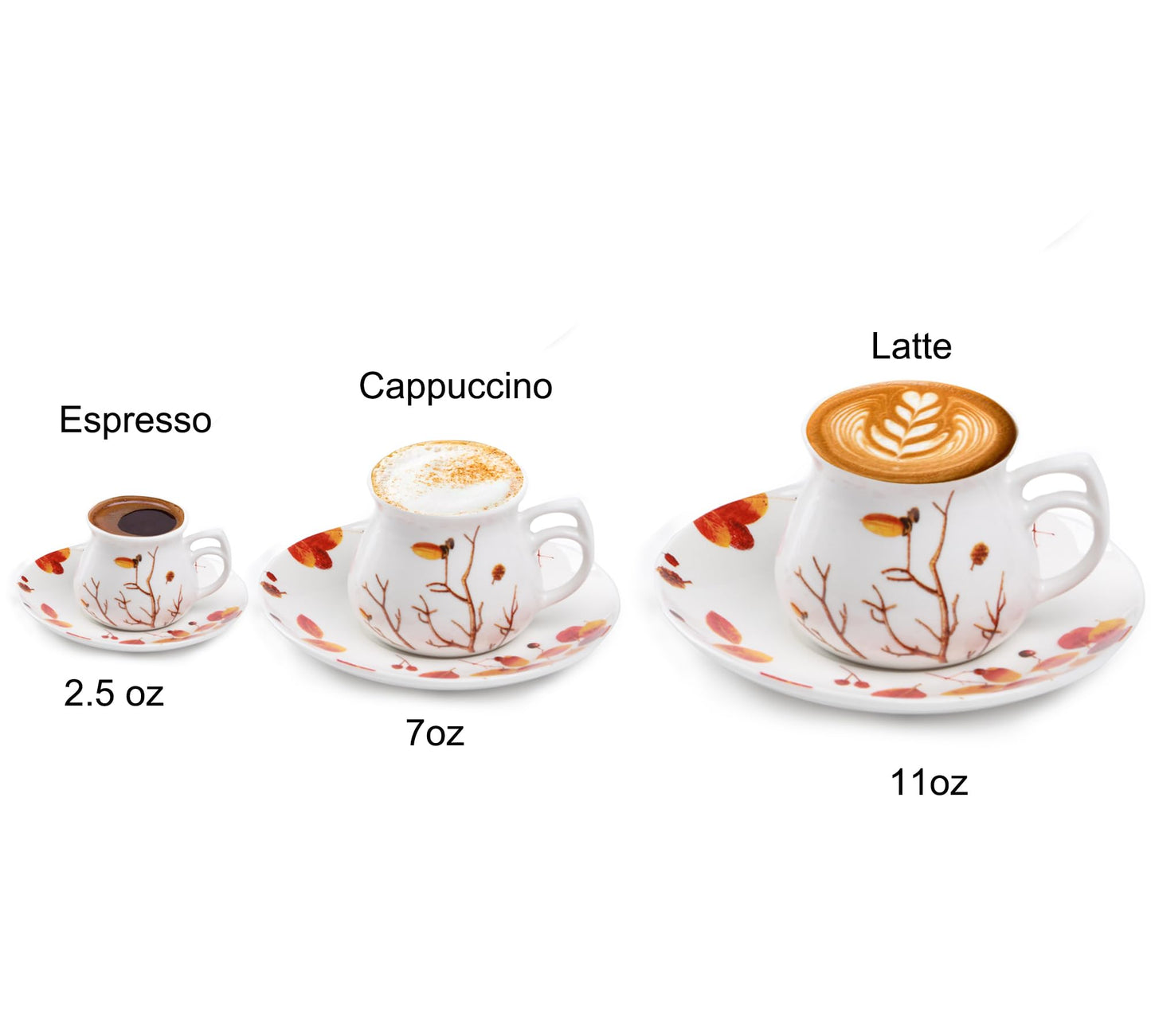 GuangYang 2.5 oz Espresso Cups and Saucers set of 6,Fall Design (Cute Shape for Double Espresso Shots, Ristretto, Macchiato,Café Cubano, and Turkish Coffee)