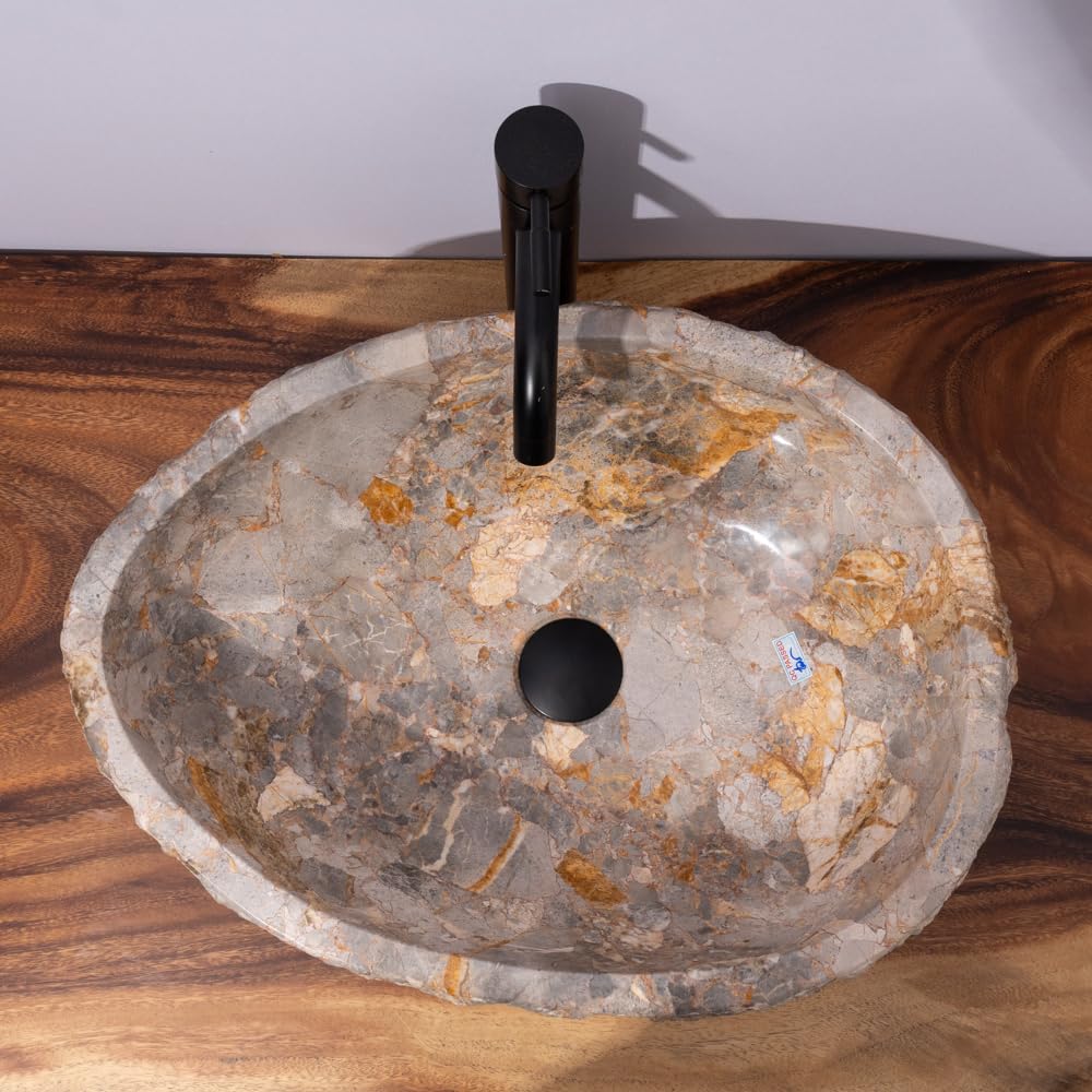 Organic Freeform Hand-Carved Marble Vessel Sink – Stone Vessel Sink with Chiseled Exterior & Natural Gold Veining – One-of-a-Kind Rustic Luxury Bathroom Sink