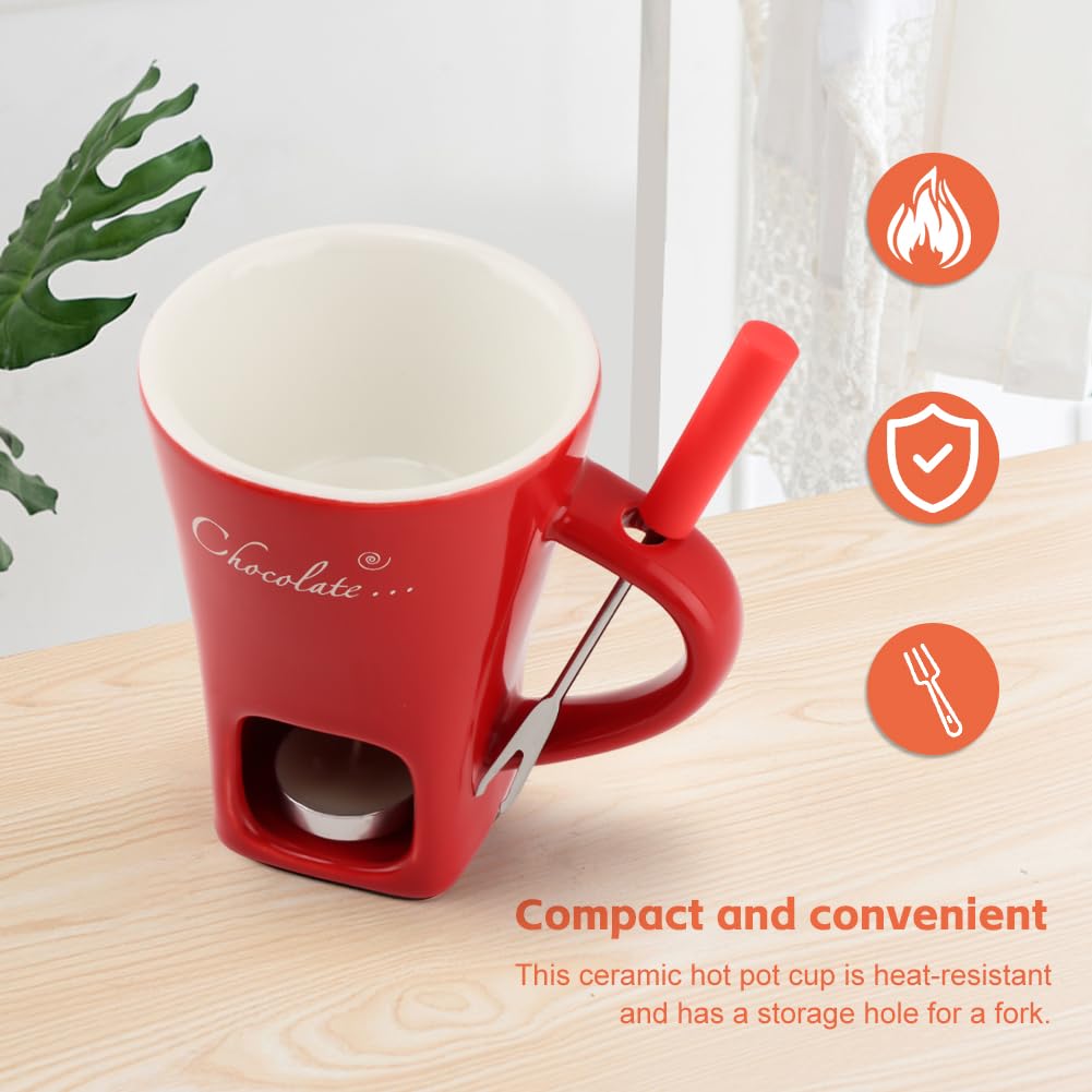 Chocolate Fondue Cup,Chocolate Fondue Mug with Fork and Candle,Ceramic Chocolate Melting Cup for Birthday Date Night Birthday Wedding Gifts (11.5 * 5.5 * 8.5cm,COLOR:Red)