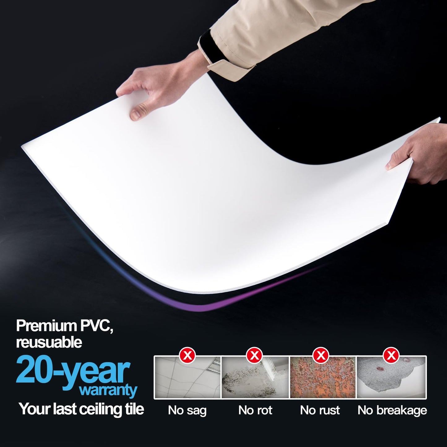 Art3d 10-Pack Smooth Drop Ceiling Tile 2ft x 4ft - Fire-Rated, Waterproof, Reusable - Premium PVC, No Sag and Breakage - Cover 80 Sq. Ft, White