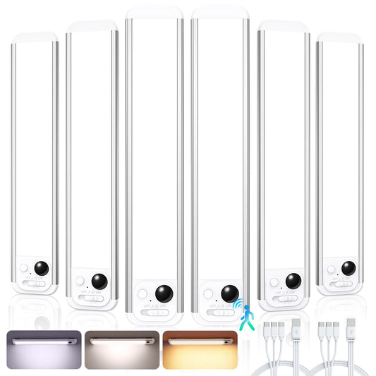 RUIKORING 8.5" Under Cabinet Lighting 6 Pack, 3 Colors, Motion Sensor Light Indoor,48 LED Rechargeable Closet Lights, Dimmable Under Counter Lights, Stick-On Magnetic Cabinet Night Lights for Kitchen