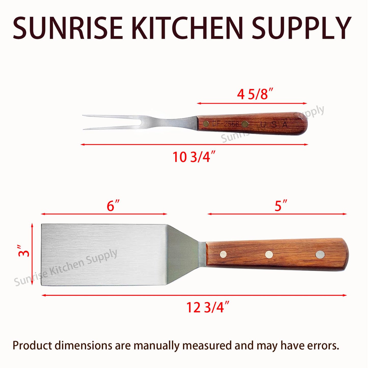 SUNRISE Stainless Steel Turner Spatula & Meat Fork 10.5" Fork + 6" x 3" Spatula