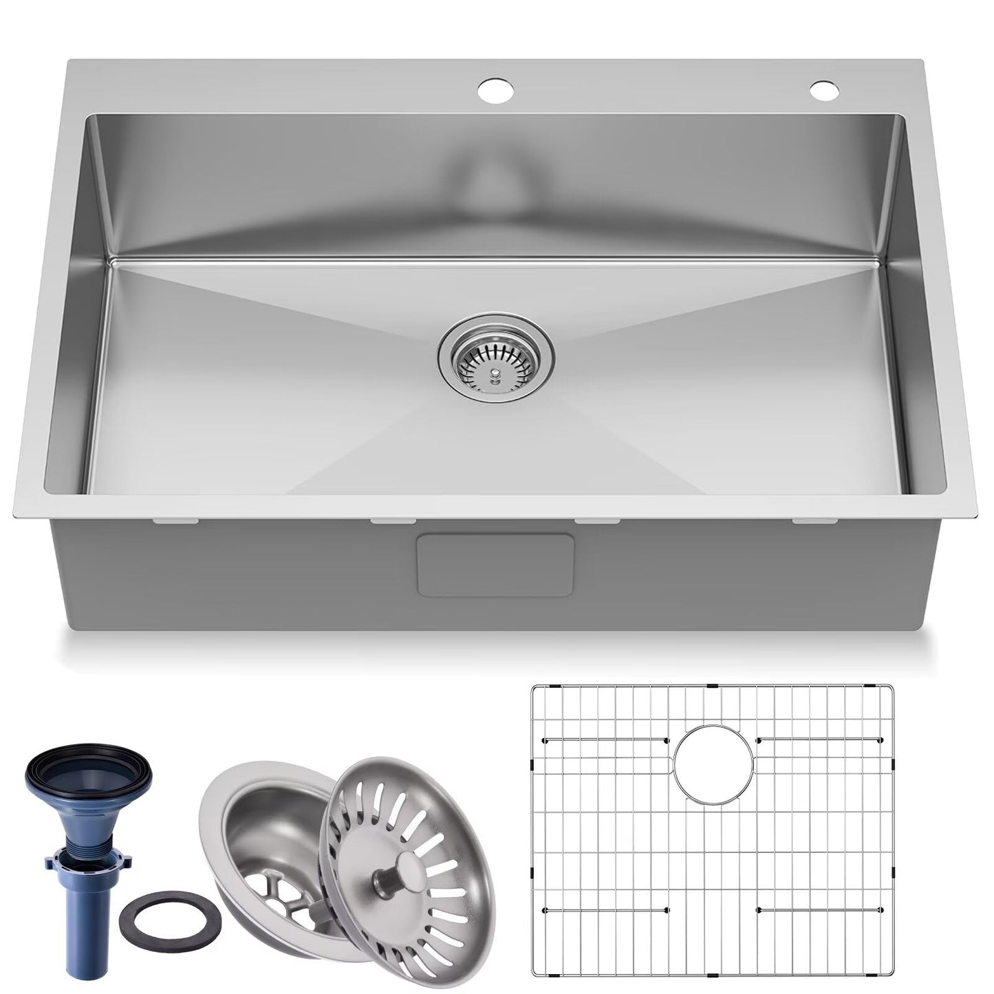 Frogink 33 inch Topmount Handmade 18 Gauge Single Bowl Stainless Steel Kitchen Sink with Accessories in 33"Lx22"Wx10"D