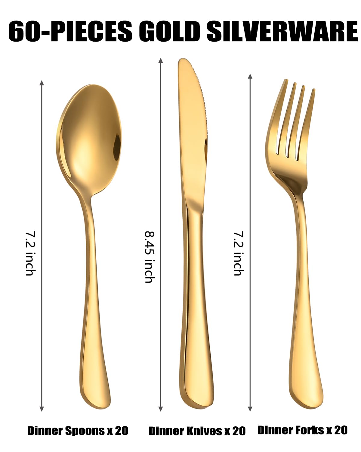 ERVILO 60 Piece Gold Silverware Set - Service for 20, Stainless Steel Flatware Cutlery Set Include Knife Spoon Fork, Mirror Polished Gold Utensils for Wedding, Restaurant, Home, Dishwasher Safe