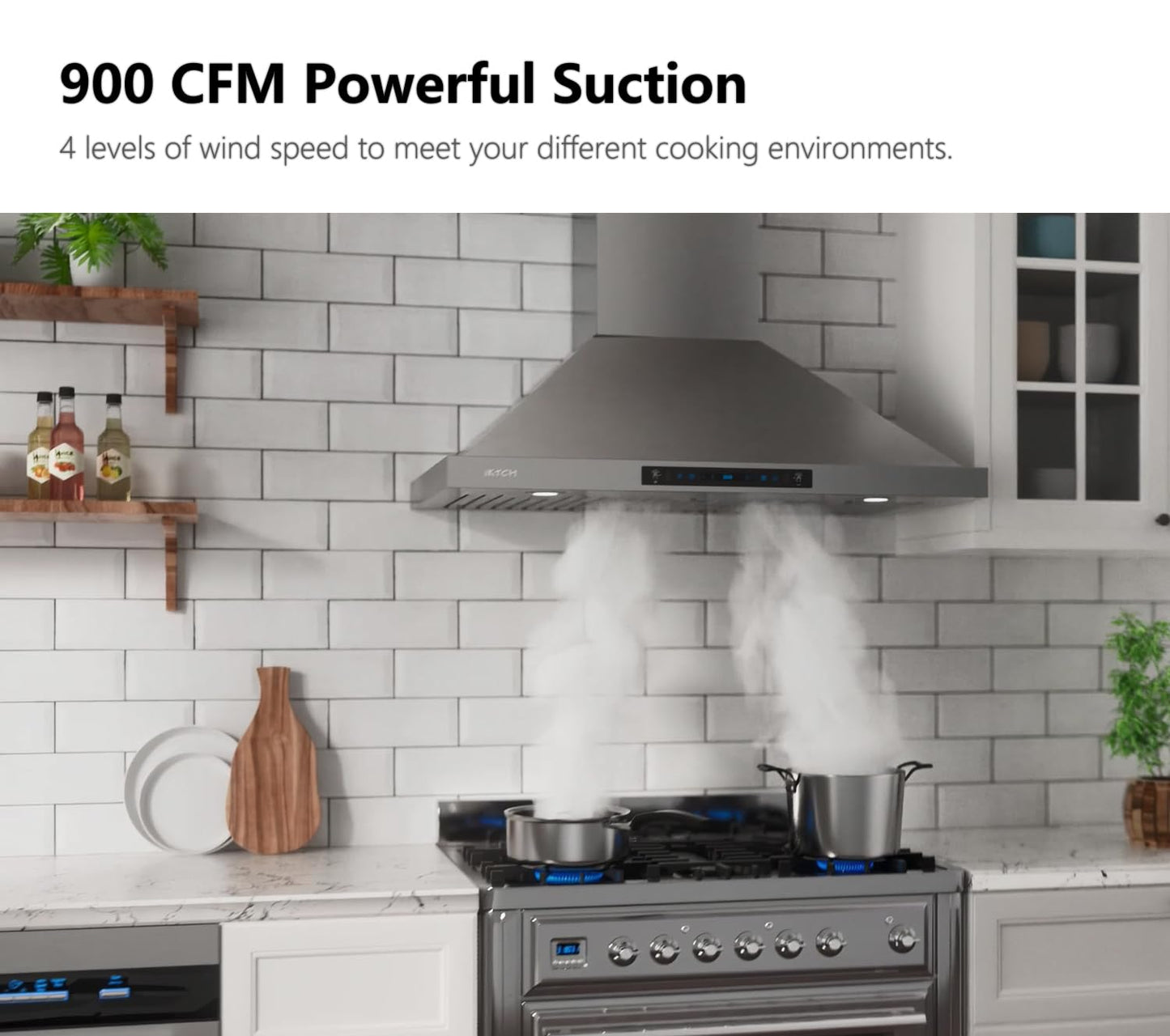 IKTCH 36-Inch Wall Mount Range Hood, Stainless Steel 900 CFM Kitchen Vent Hood, Ducted/Ductless Convertible, Gesture Sensing & Touch Control, Adjustable LED Lights 2 Pcs for Modern Kitchen