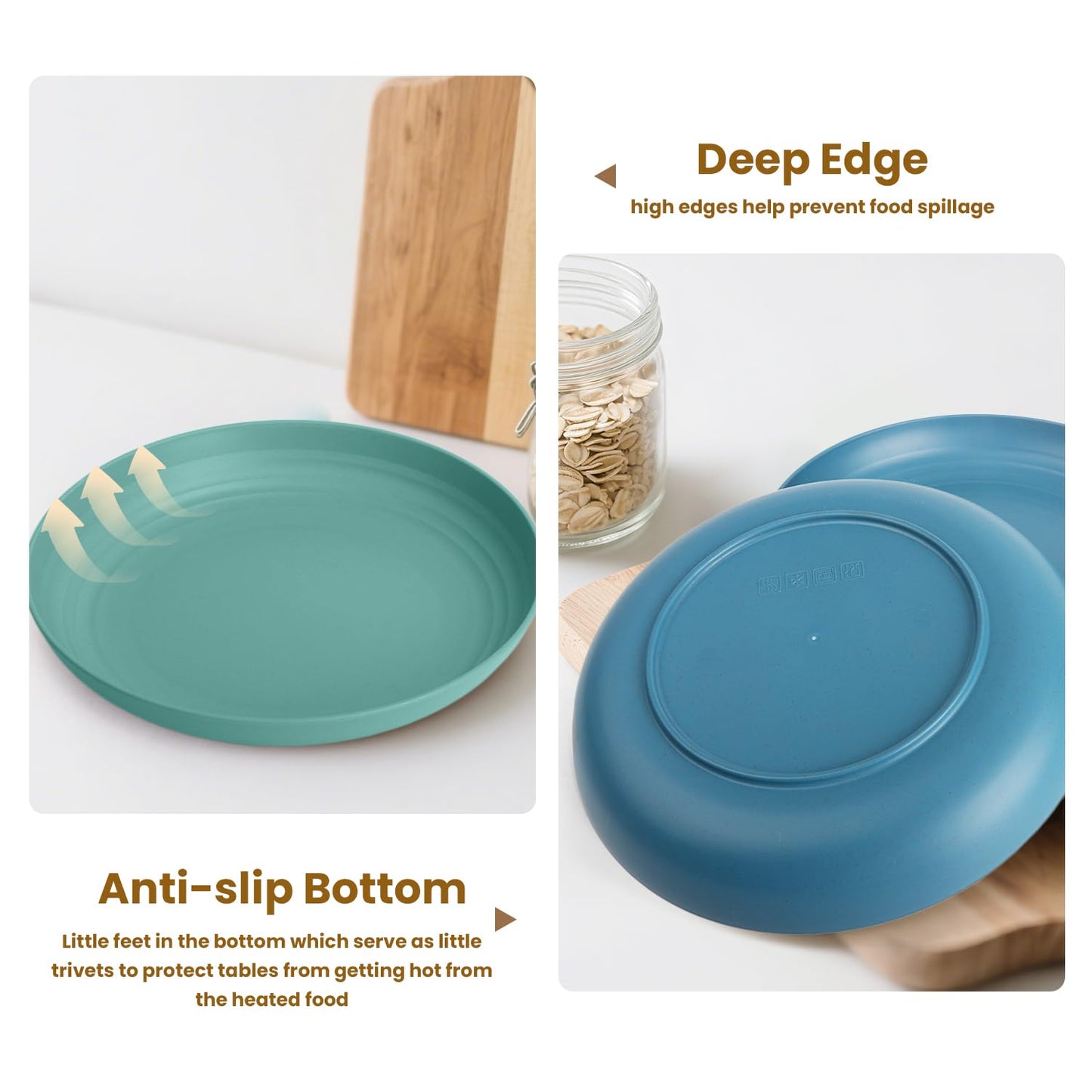 BUSOKIP Wheat Straw Plate 9 Inch, Deep Dinner Plates Set of 8, Unbreakable Plastic Plate Reusable, Microwave & Dishwasher Safe Kitchen Plates for Camping, Picnic, Travel, Outdoor (Multi Colors)
