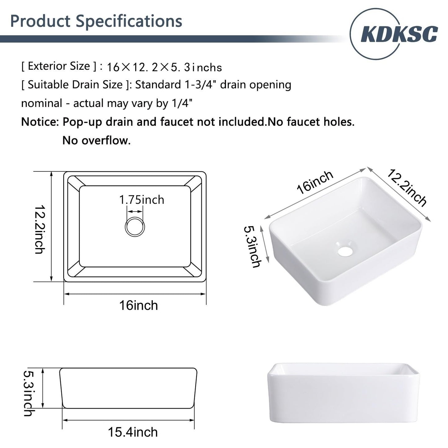 KDKSC Vessel Sink 16"x12" Rectangular White 16 Inch Bathroom Sink Porcelain Ceramic Modern Above Counter Bathroom Sinks