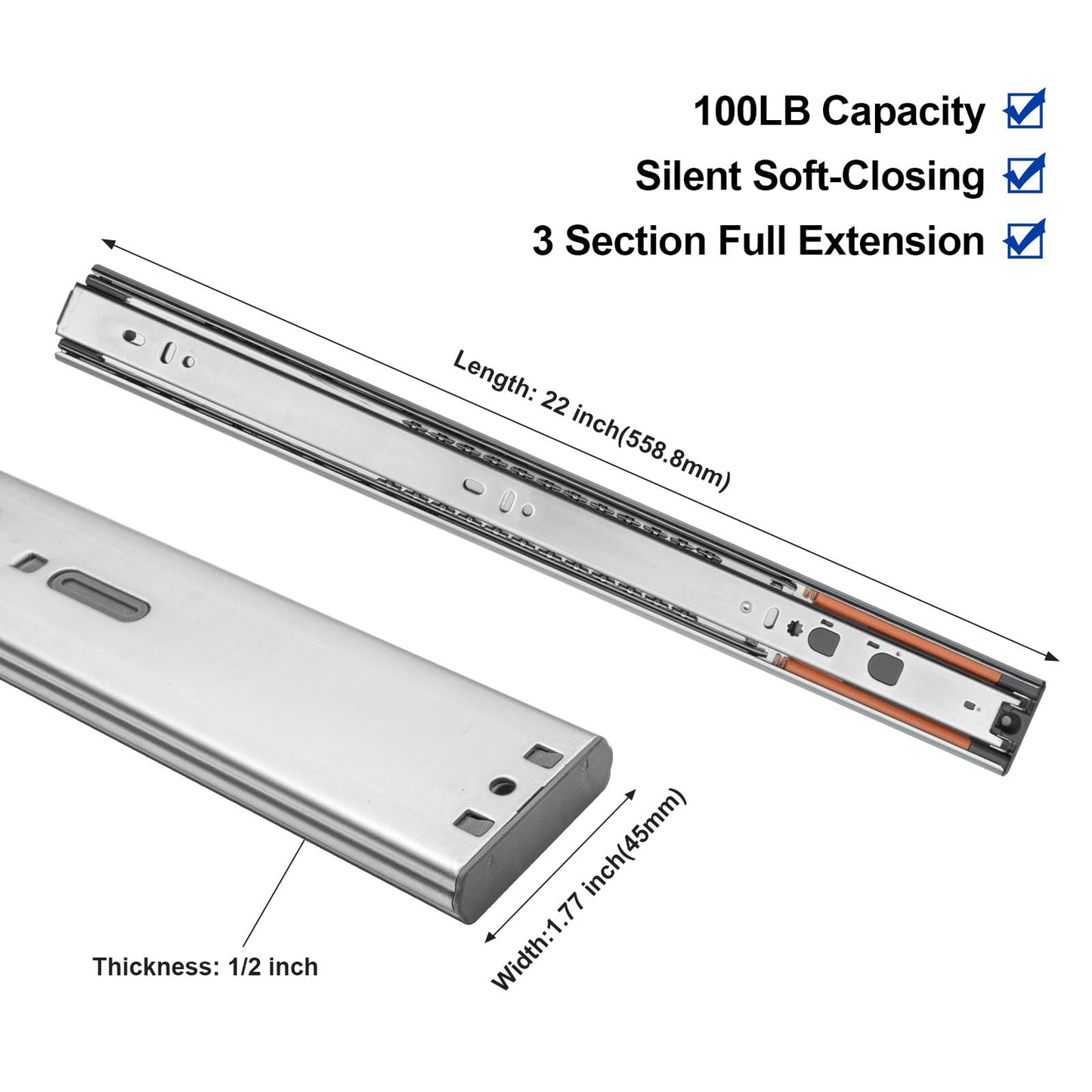 LONTAN 6 Pairs Push to Open Soft Close Drawer Slides 22 Inch Heavy Duty Drawer Glides Metal Ball Bearing and Full Extension Cabinet Rails 100 LB Capacity