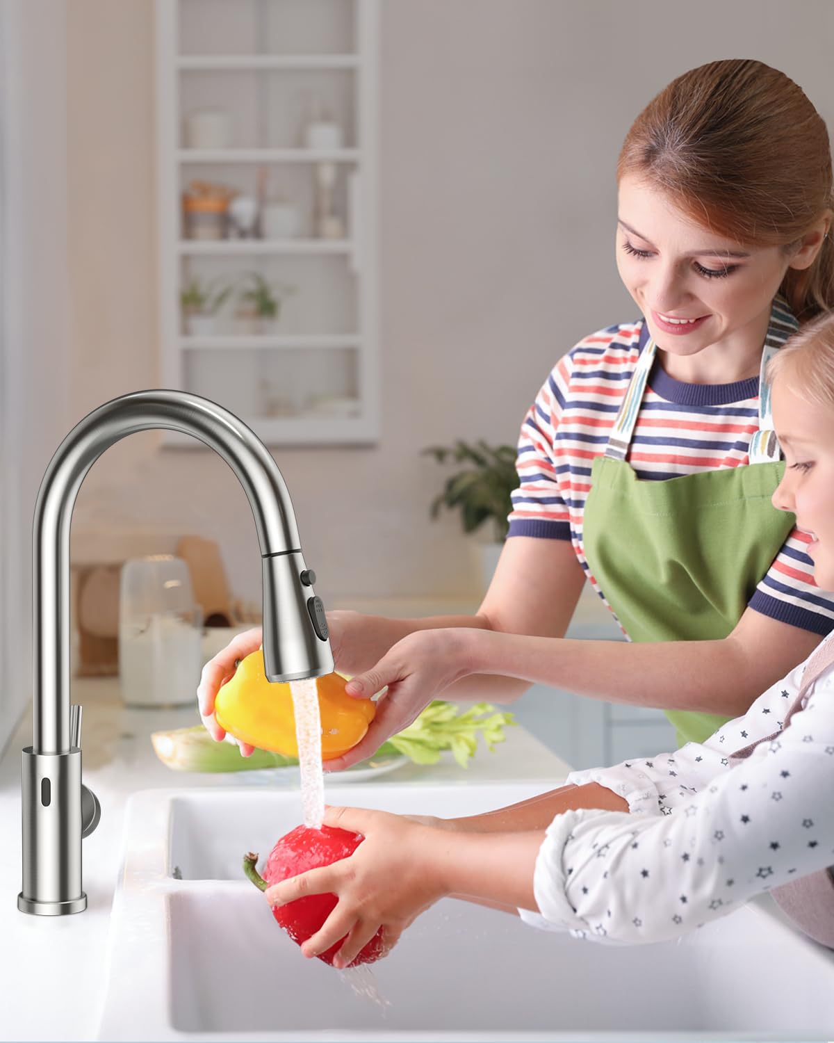 Hiqufet Touchless Kitchen Sink Faucet with Pull Down Sprayer, Stainless Steel Smart Motion Sensor Faucet for Pot Filler, Farmhouse Camper Bar Sink Laundry Room, Brushed Nickel