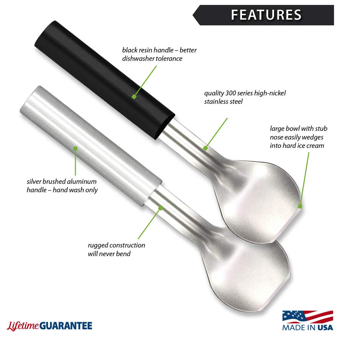 Rada Cutlery Ice Cream Scoop (R137), 2.38" x 2.38" Stainless Steel Bowl, Silver Handle