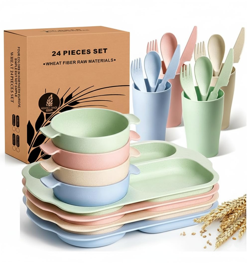 Wheat Straw Dinnerware Set – Plates and Bowls Set with Cups, Forks, and Silverware | Eco-Friendly, Reusable, Lightweight, Microwave & Dishwasher Safe Dining Set