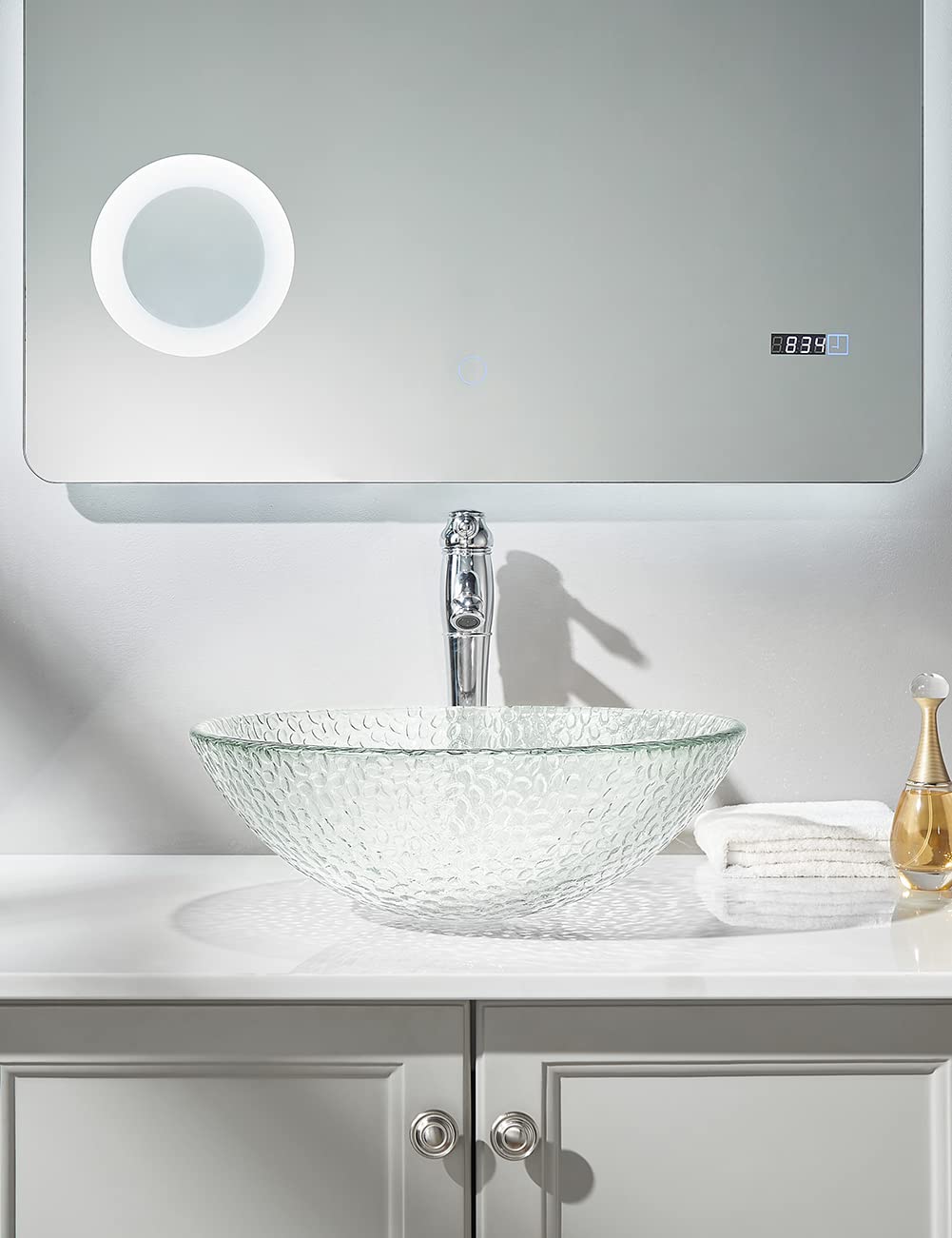 FANWIN STAR Pearl Series Glass Vessel Sink In Ice Top Raindrop Mount Sinks Above Countertop | Vanity Countertop Clear Transparent Sink Bowl with Pop Up Drain | FW-LA623
