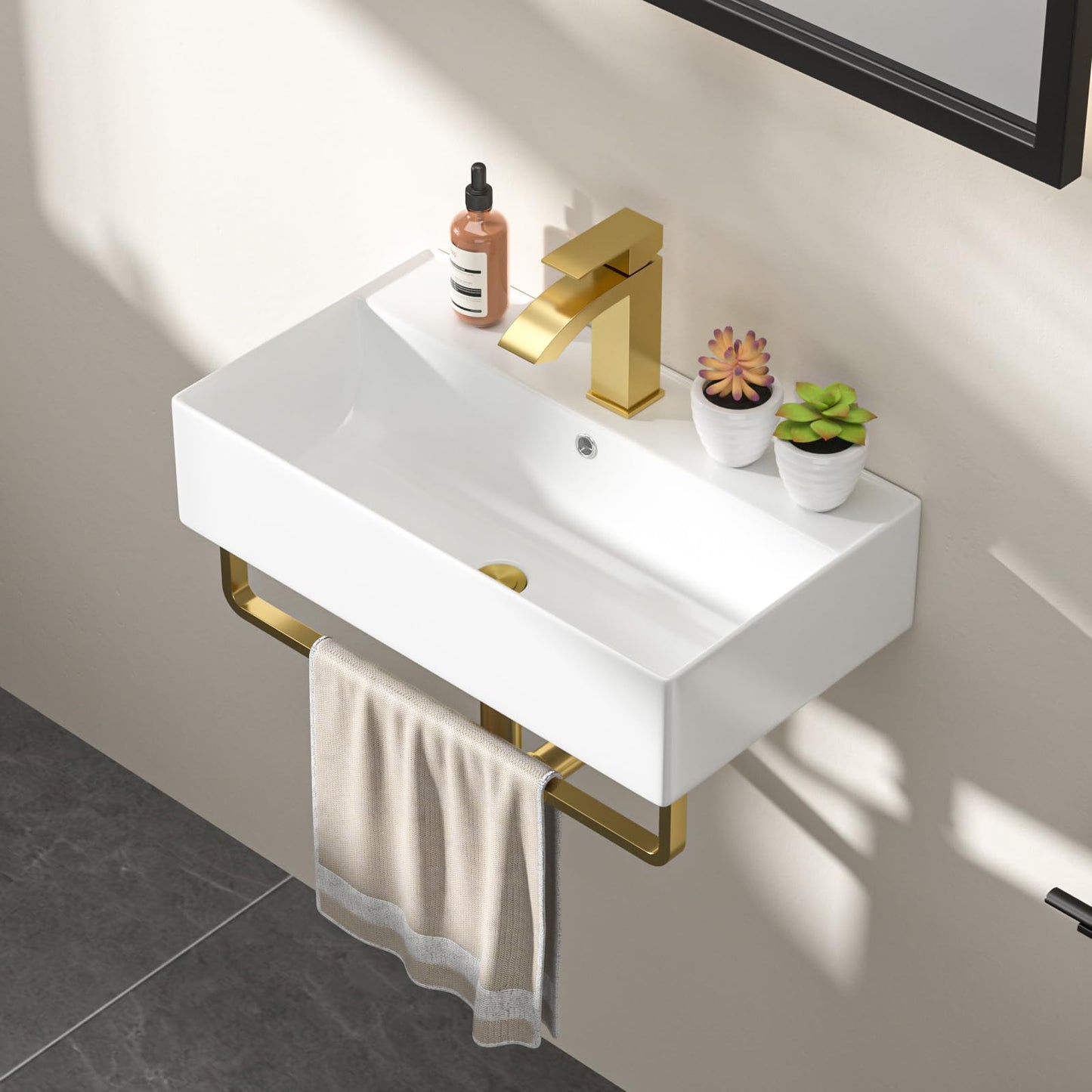 Dcolora 21 In. White Wall Mounted Bathroom Sink, Rectangular Ceramic Floating Wall Hung Sink with Gold Faucet & Towel Rack, Space-Saving Basin for Small Bathrooms #DC-SFDOE00088