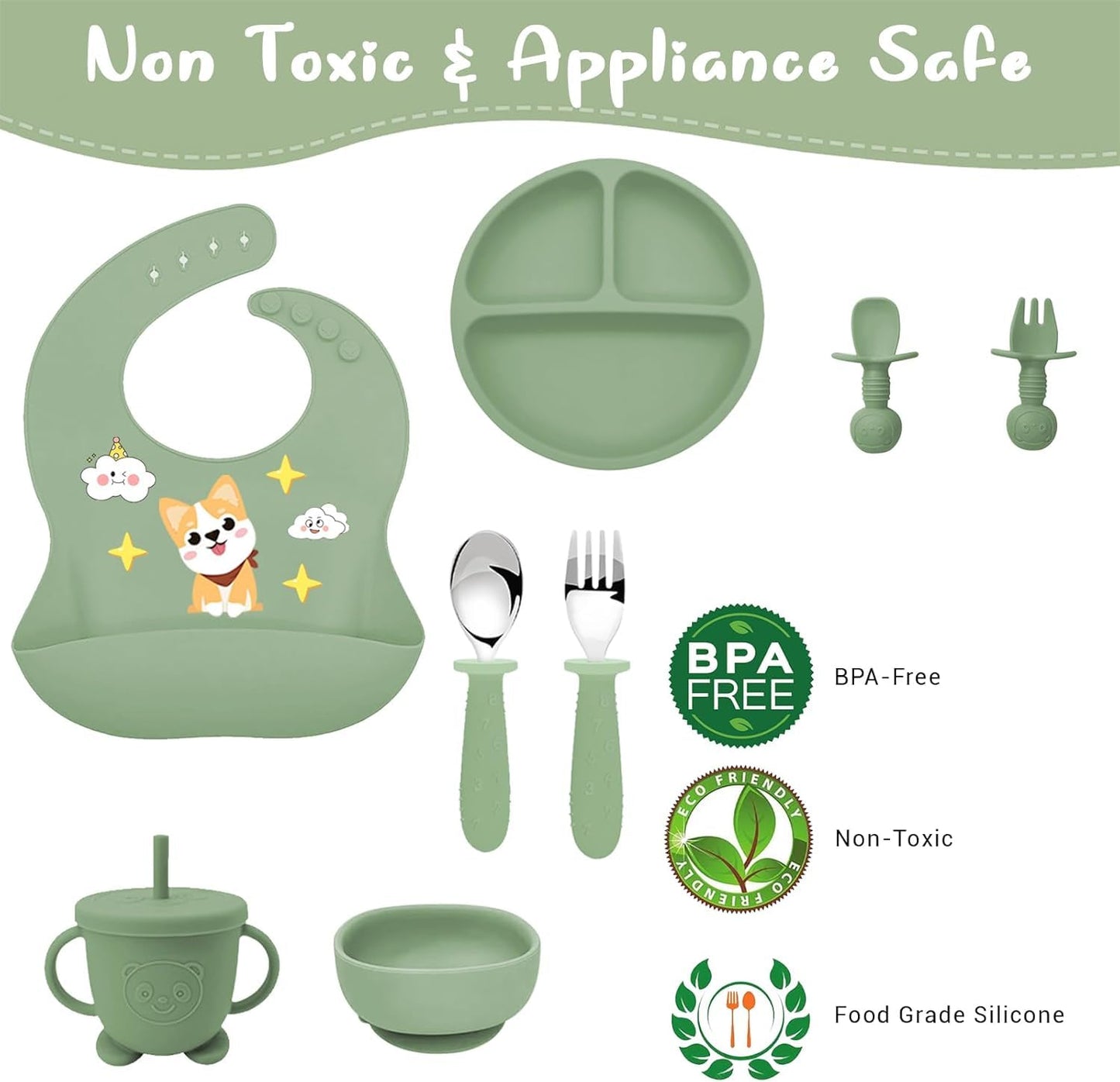 9PCS Silicone Feeding Set for Baby Led Weaning - Non Toxic Food Grade Suction Plates & Bowls, Soft Silicone Bibs with Pocket, Self Feeding Spoons & Utensils for 6-36 Months Infants Toddlers, Dishwashe