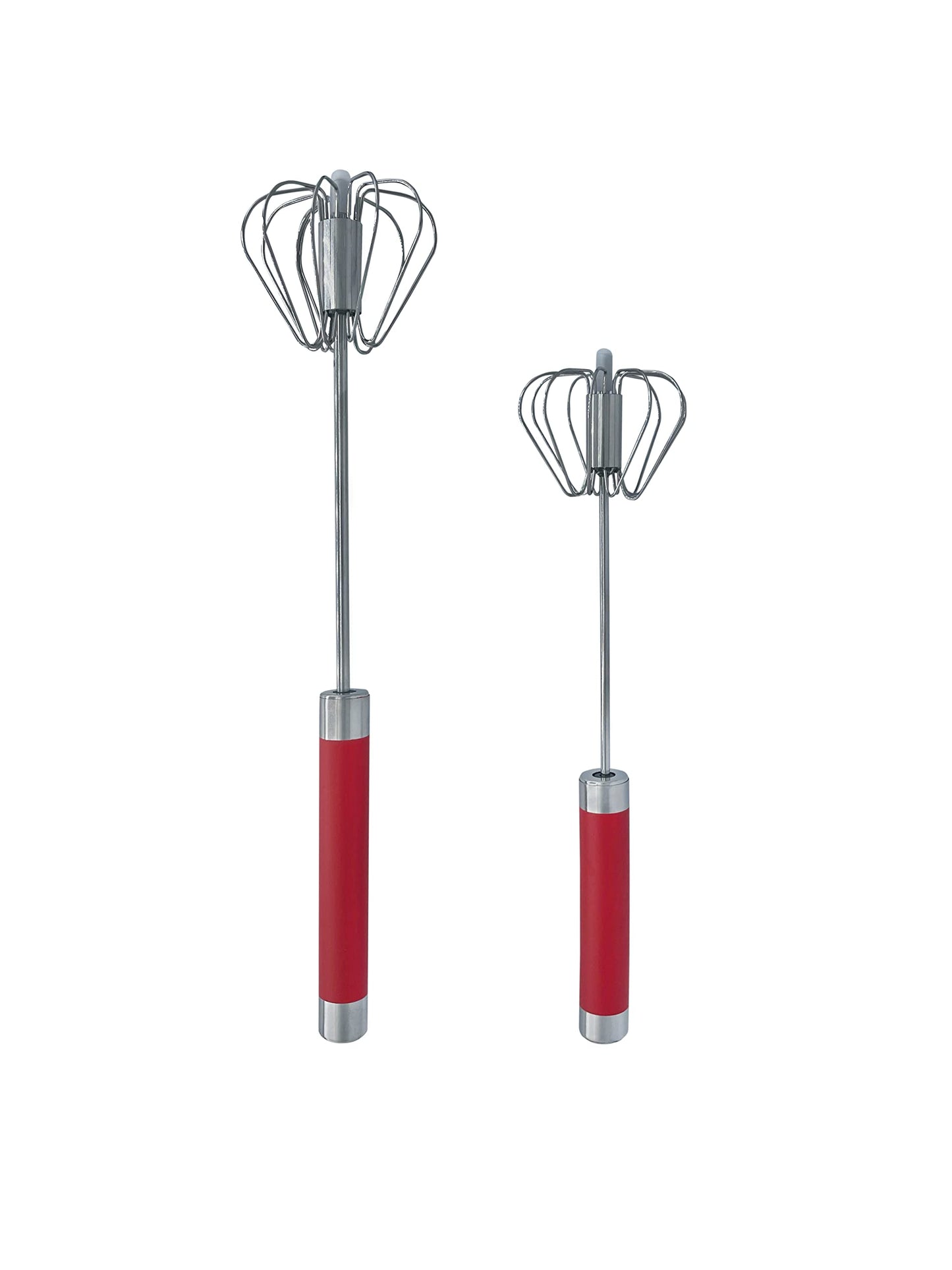 Balevi Stainless Steel Push Whisk - Easy to Use Manual Hand Mixer & Plunger Whisk - Make Froth, Foam & Whipped Cream - Semi Auto Egg Beater Plastic Tip Won’t Scratch Pans (2 Pack 10in & 12in) RED
