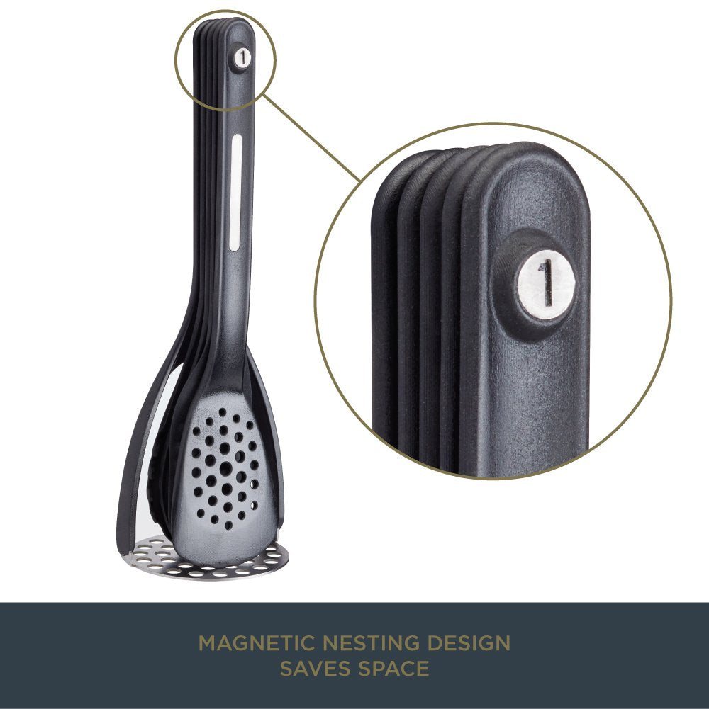 KitchenCraft MasterClass Smart Space Nesting Magnetic Kitchen Utensil Set, Silicone, Black, 9 x 9 x 30 cm, Pack of 5