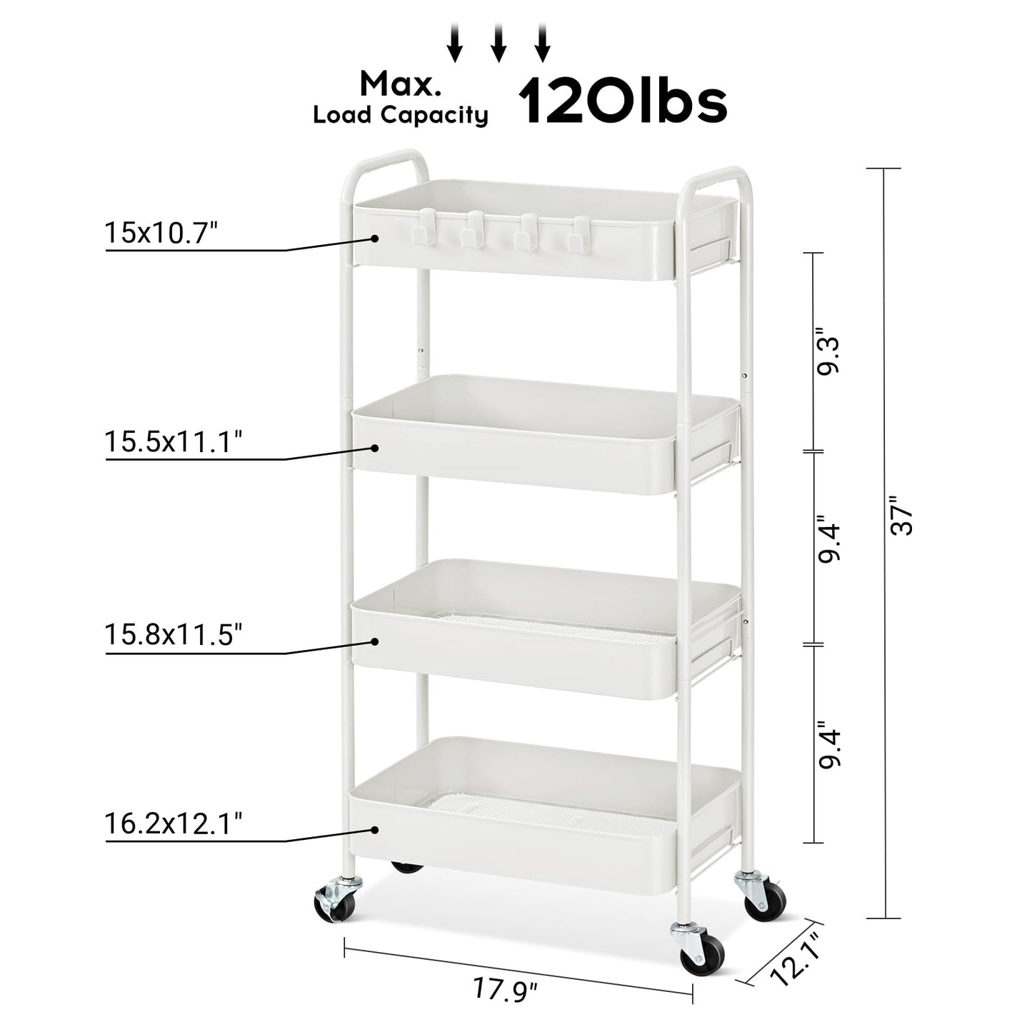 TOOLF 4-Tier Rolling Cart - Metal Storage Organizer with Lockable Wheels, 44 lbs Per Shelf Capacity, Tool-Free Assembly, for Kitchen Bathroom Office Laundry Room Nursery, White