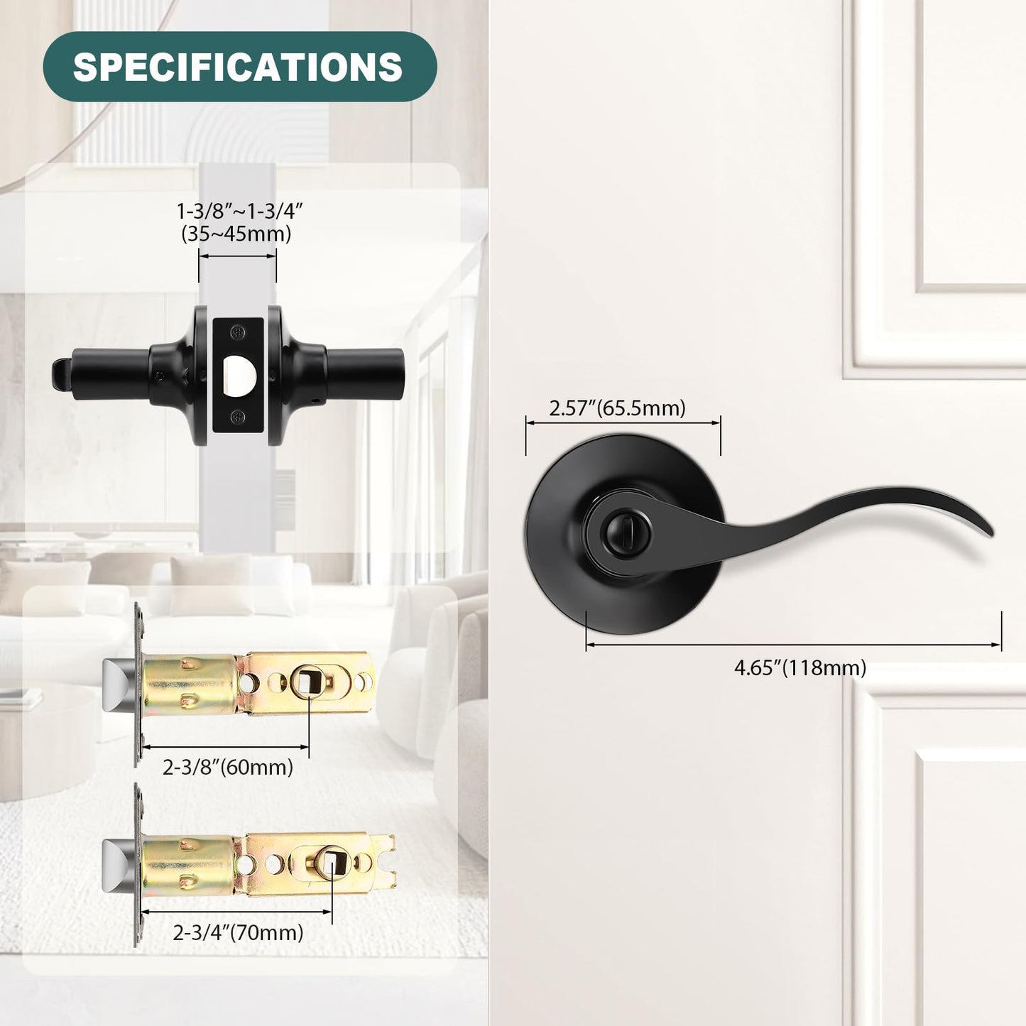 GOBEKOR 3 Pack Matte Black Privacy Door Handles for Bedroom and Bath Lever Door Handle Interior with Lock Wave Door Levers Keyless