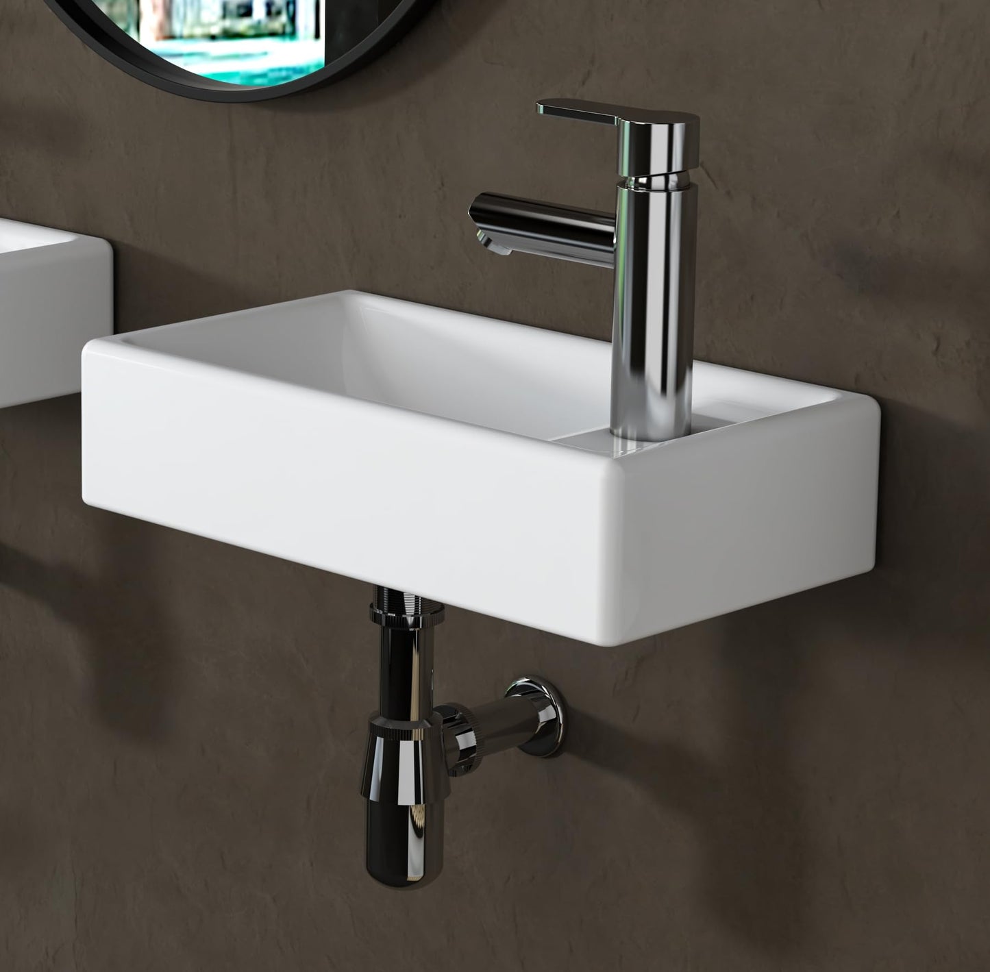 MEJE 16-Inch Wall Hung Basin Sink Combo, Small Cloakroom Basin, Rectangle Ceramic Bathroom Wash Basin - Right Hand Sink Set (Include Faucet & Pop-up Drain)