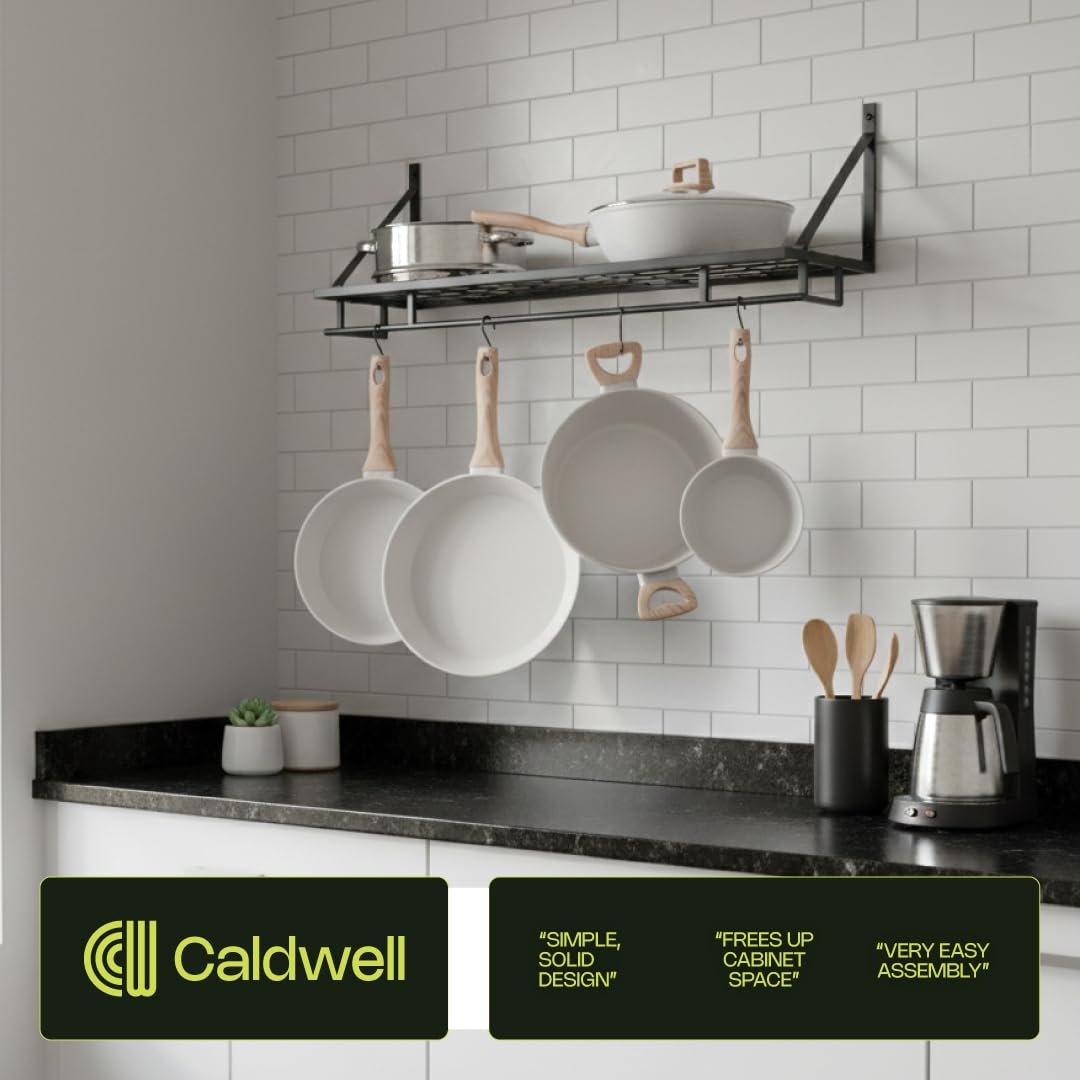 Caldwell Kitchen Co Pot and Pan Shelf – Heavy-Duty Adjustable Cookware Rack for Cabinet or Countertop | Space-Saving Kitchen Organizer for Pots, Pans & Lids Storage