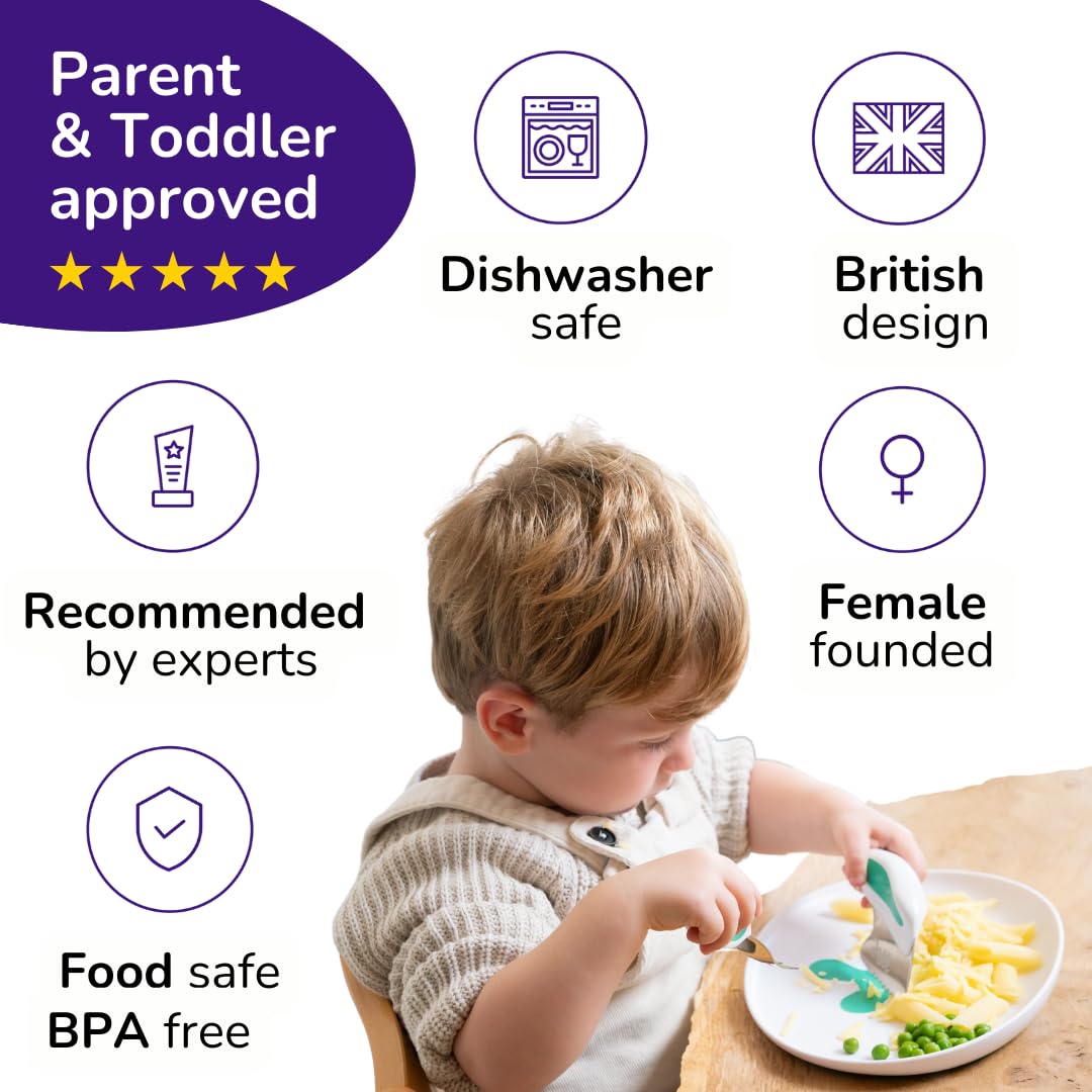 doddl Toddler Utensils, Ergonomic Fork Spoon and Knife Set for Self Feeding, Stainless Steel Silverware for 1-3 Year Olds, BPA Free, Dishwasher Safe (Dusky Rose)