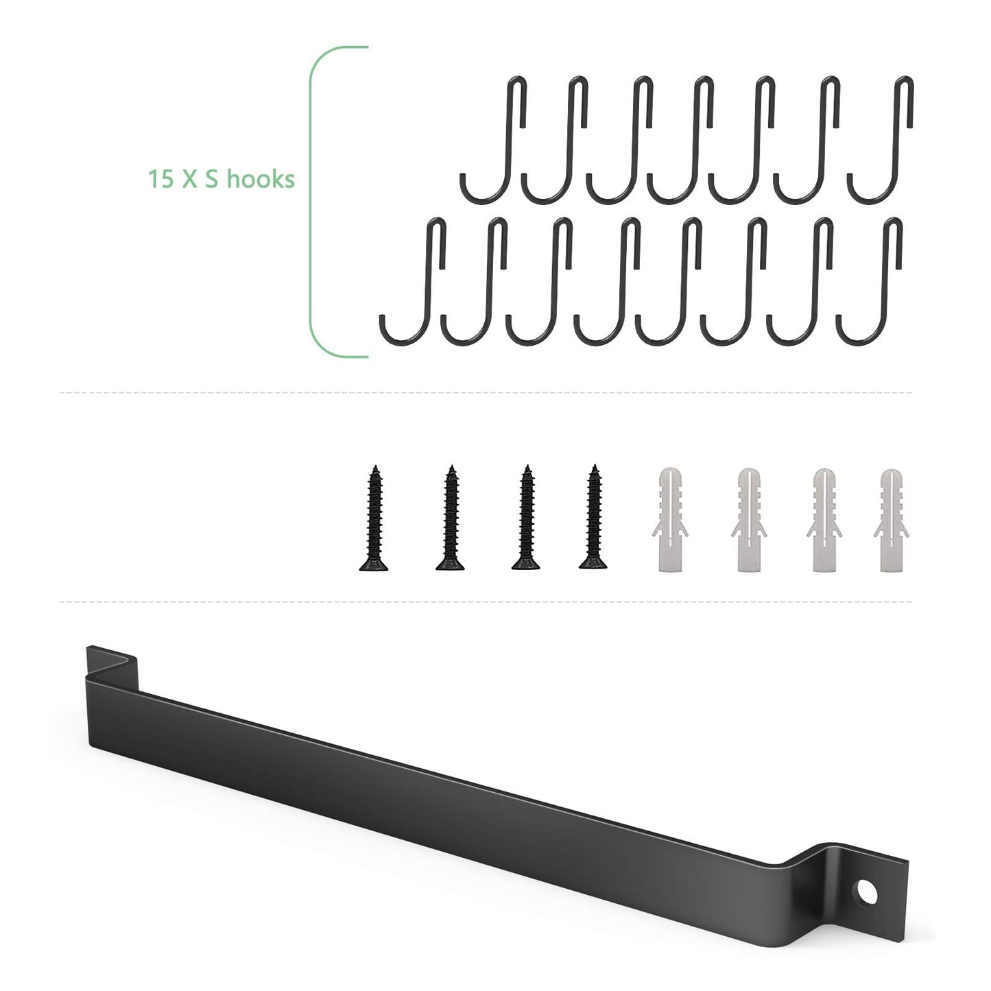Housolution Kitchen Rail with 15 Hooks, 16 Inch Wall Mounted Hanging Utensil Rack Kitchen Utensil Hanger for Kitchen, 1 Pack, Black