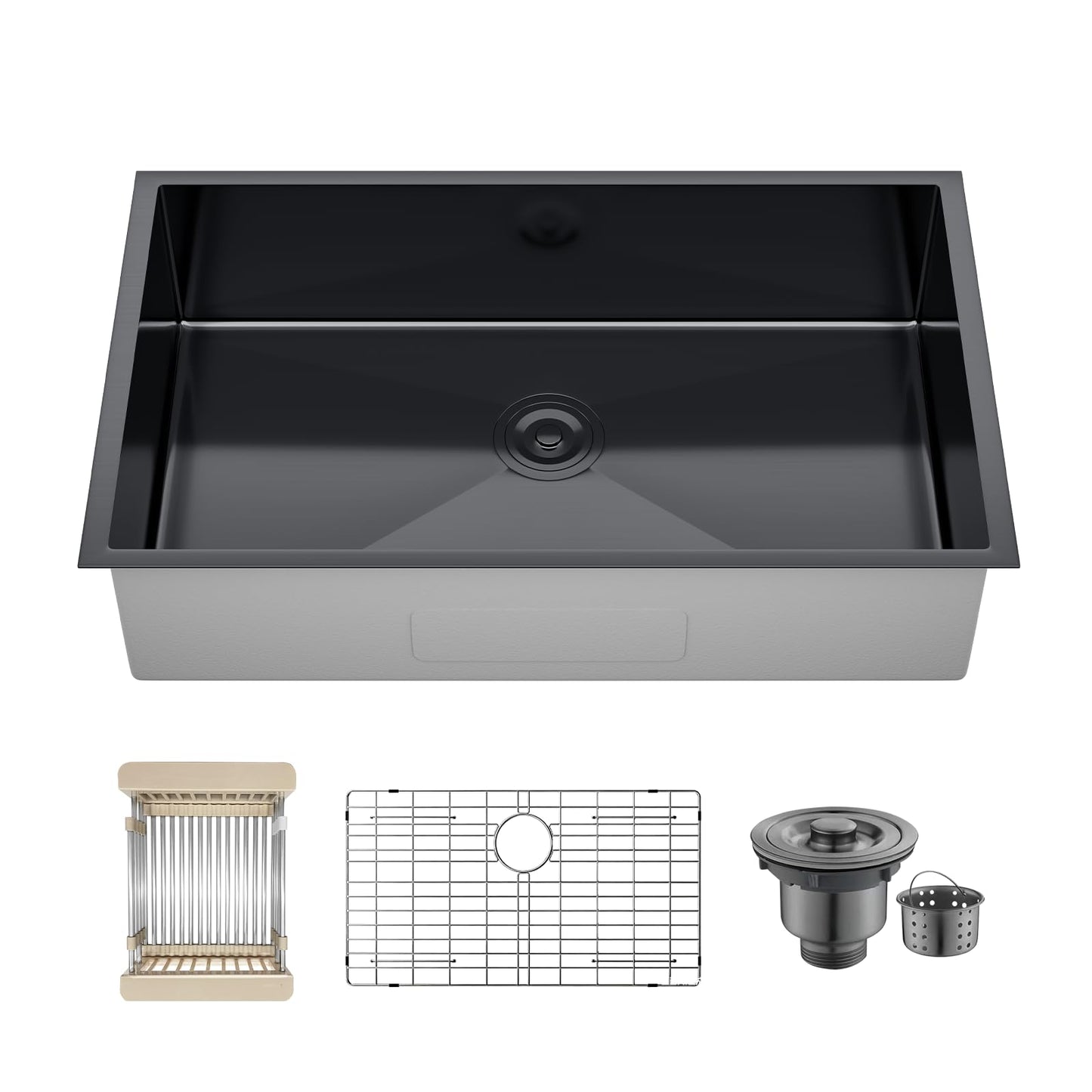 32 Inch Undermount Kitchen Sink, 32x19x8" Single Bowl Stainless Steel Handmade 16 Gauge Under Counter Kitchen Sink Basin Black