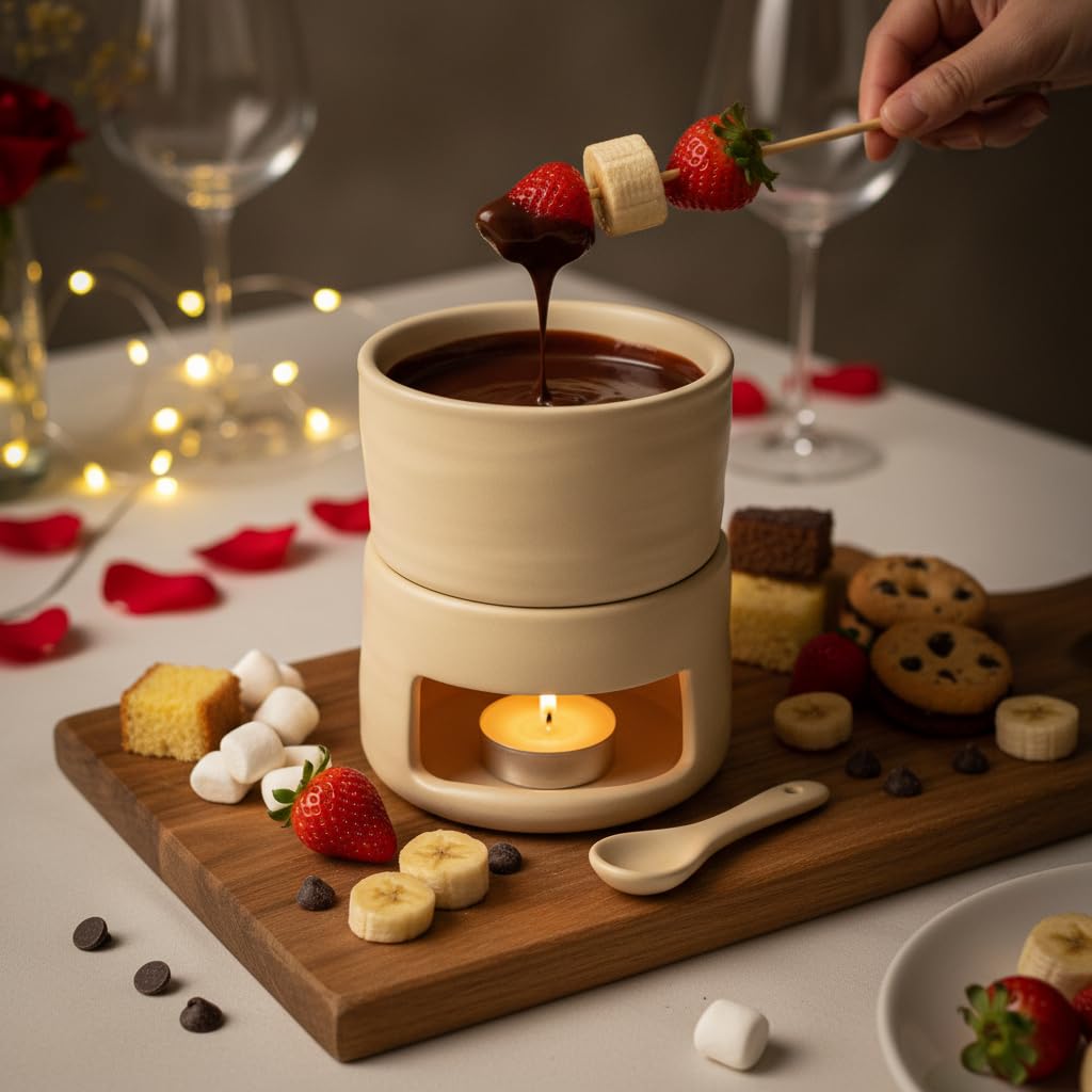 Sweet Fondue Mug with Candle Holder | Ceramic Chocolate Melting Cup & Reusable Candle Warmer Base | Mini Fondue Pot for Romantic Dates, Birthday Gifts (Wheat Yellow)