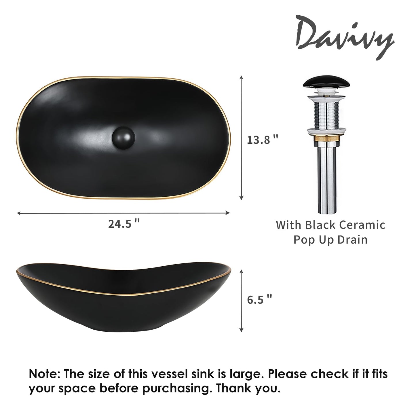 Davivy 24.5'' X 13.8'' Large Matte Black Oval Vessel Sink with Pop Up Drain,Bathroom Sinks Above Counter,Black Vessel Sink with Gold Trim,Ceramic Vessel Sinks for Bathrooms (Large)