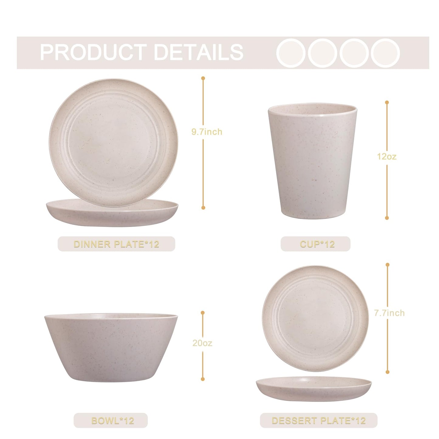 LIYH 48 Pcs Beige Plastic Wheat Straw Dinnerware Set - Reusable Plates and Bowls Sets,Unbreakable Plates Dishes Bowl Cup Outdoor Camper Dish Set for 12