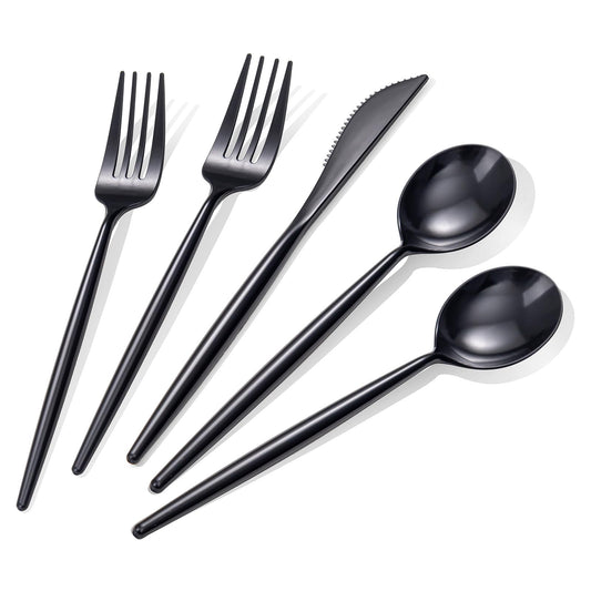 Rubtlamp 90Pcs Plastic Black Silverware, Graduation Disposable Cutlery, Utensils Heavy Duty include 30 Disposable Knives,60 plastic Forks and Spoons, Black Cutlery For Graduation Party