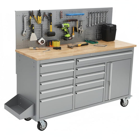 61 Inch Rolling Tool Chest, 10 Drawers Garage Workbench Storage Tool Cabinet with Rubber Wood Top, 1675 LBS, Power Strip, Locking System, Drawer Liners for Garage, Warehouse and Repair Shop, Silver