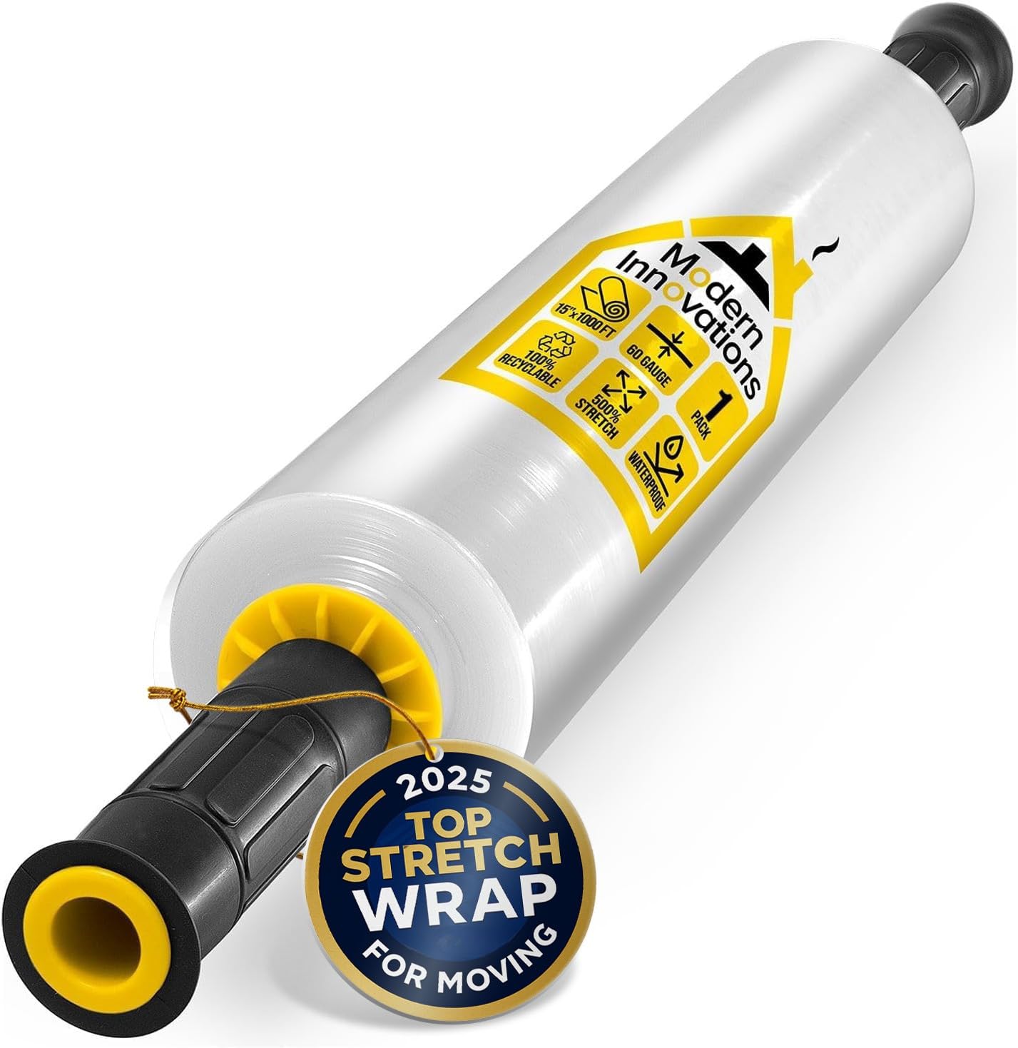 Modern Innovations 15 Inch Clear Stretch Wrap Roll with Handles (1 Roll-1000 Feet) Heavy Duty Shrink Wrap for Moving, Packing Supplies for Wrapping Furniture, Industrial Plastic Pallet Cling