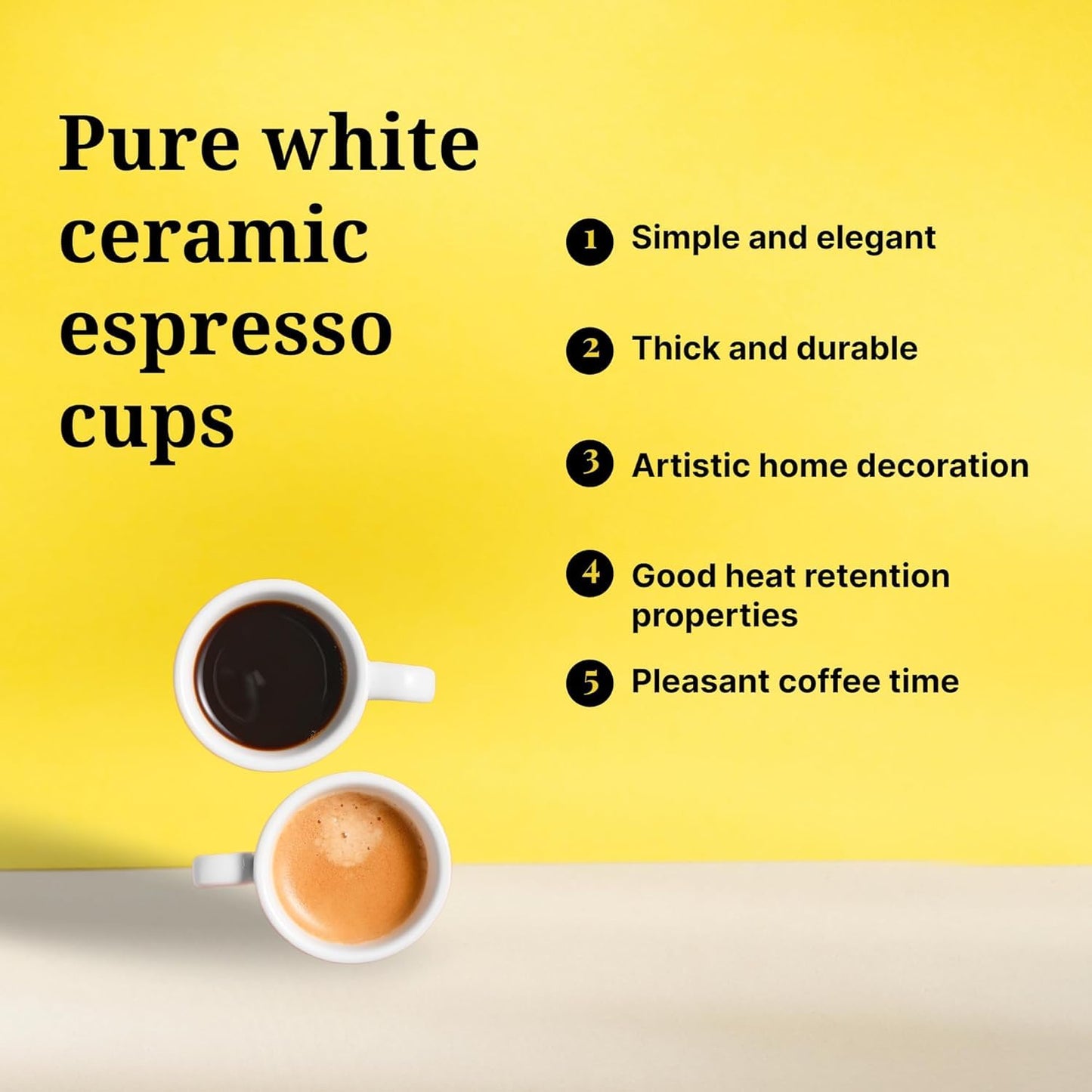 Stylusella 2.5 oz / 75 ml Pure White Ceramic Espresso Cups, Set of 2, Demitasse Espresso Mugs